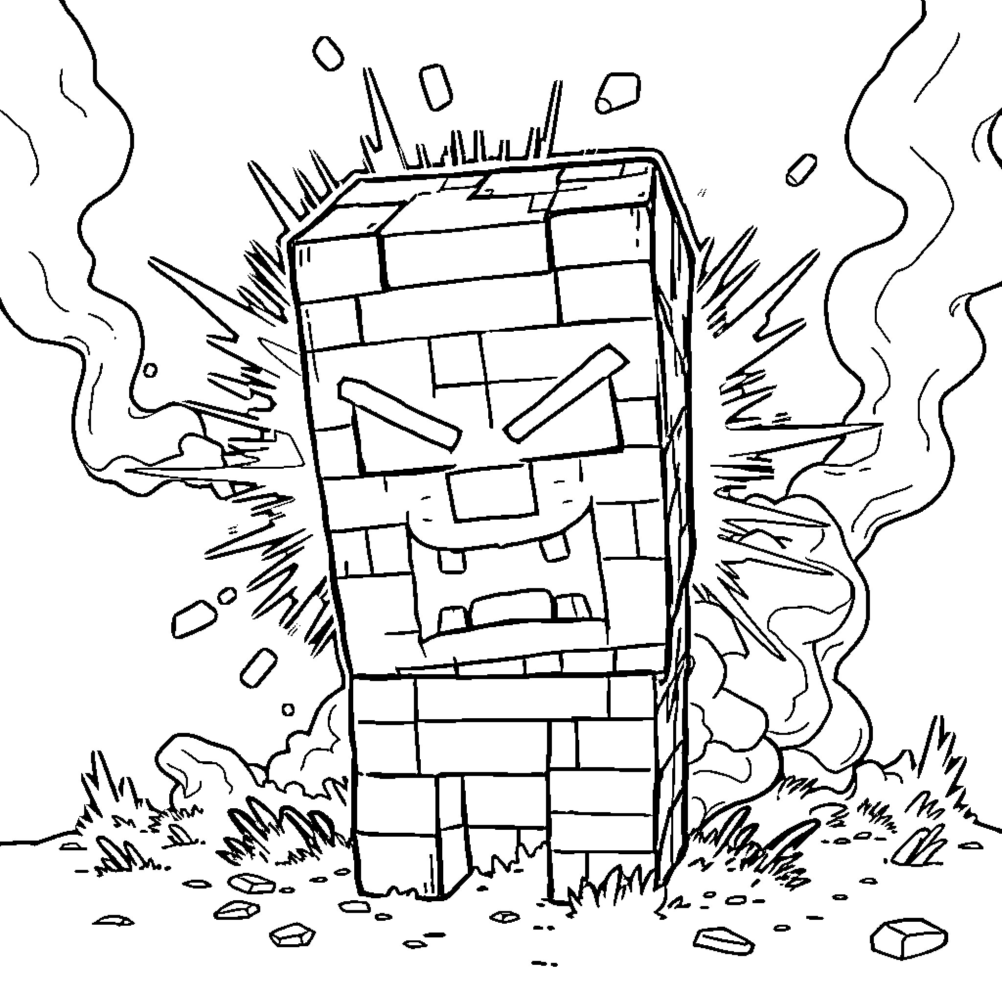 Creeper Explosion in the Wilderness Coloring Page (free black-and-white line drawing printable PDF for all, from beginners to advanced learners, including children, teens, adults, and seniors)