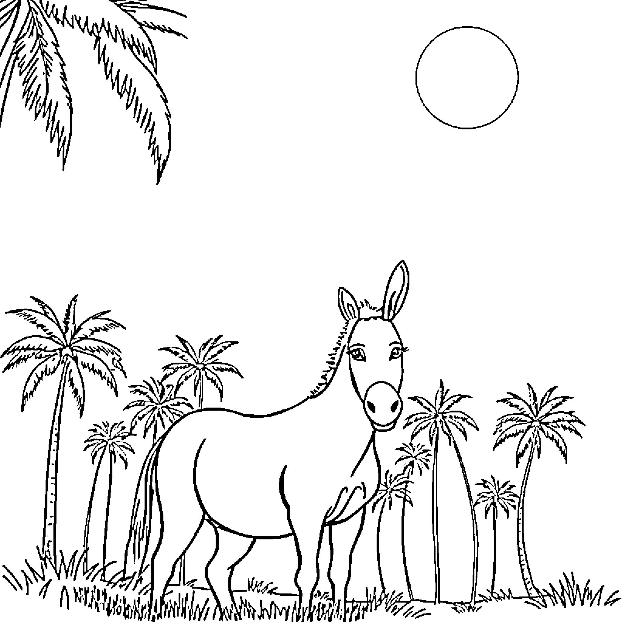 Donkey standing in a tropical landscape Coloring Page (free black-and-white line drawing printable PDF for all, from beginners to advanced learners, including children, teens, adults, and seniors)