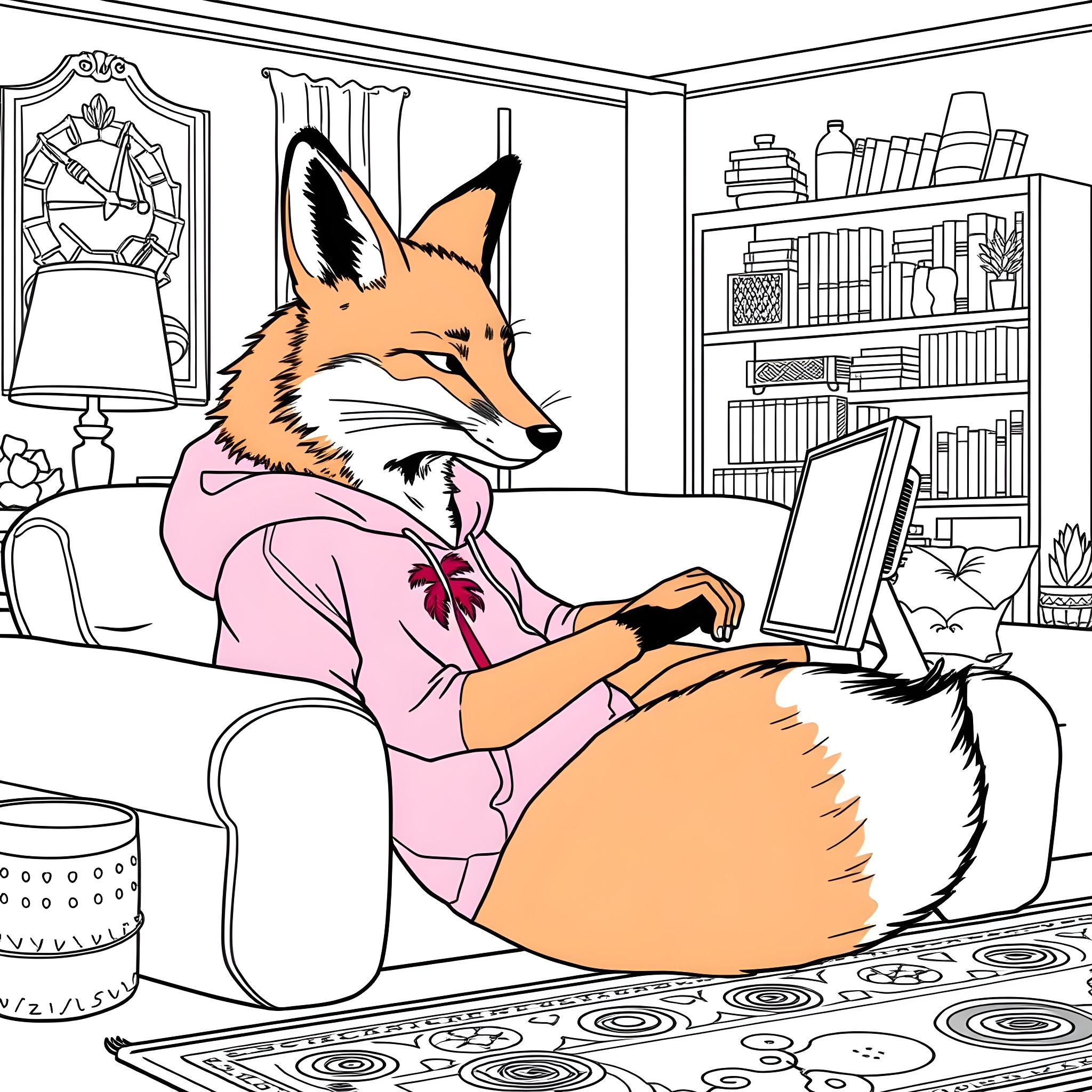Fox working diligently on a computer in a cozy home Coloring Page (free black-and-white line drawing printable PDF for all, from beginners to advanced learners, including children, teens, adults, and seniors)