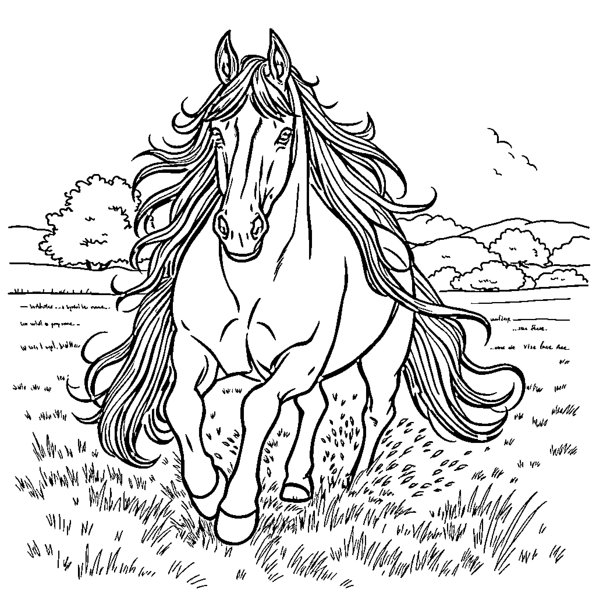 Percheron horse galloping in scenic countryside Coloring Page (free black-and-white line drawing printable PDF for all, from beginners to advanced learners, including children, teens, adults, and seniors)