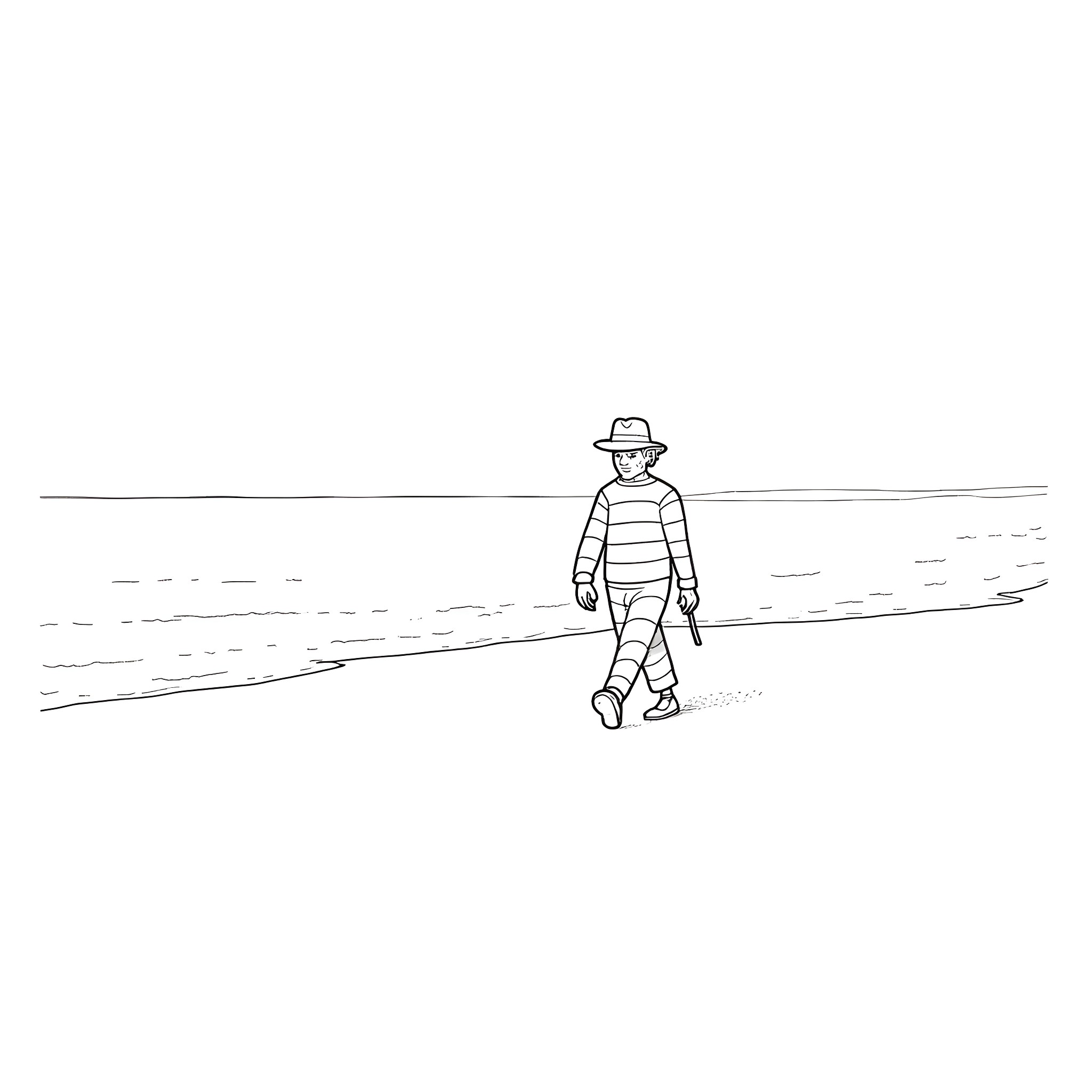 Freddy Krueger walking alone on a deserted path Coloring Page (free black-and-white line drawing printable PDF for all, from beginners to advanced learners, including children, teens, adults, and seniors)