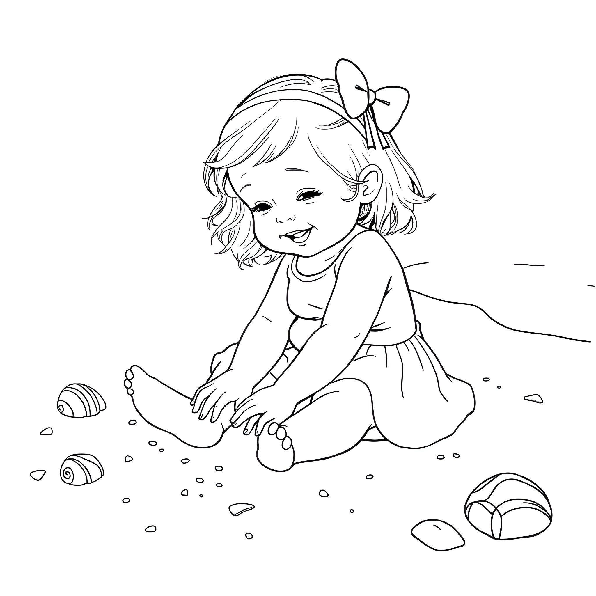 Baby Girl Playing with Seashells on the Beach Coloring Page (free black-and-white line drawing printable PDF for all, from beginners to advanced learners, including children, teens, adults, and seniors)
