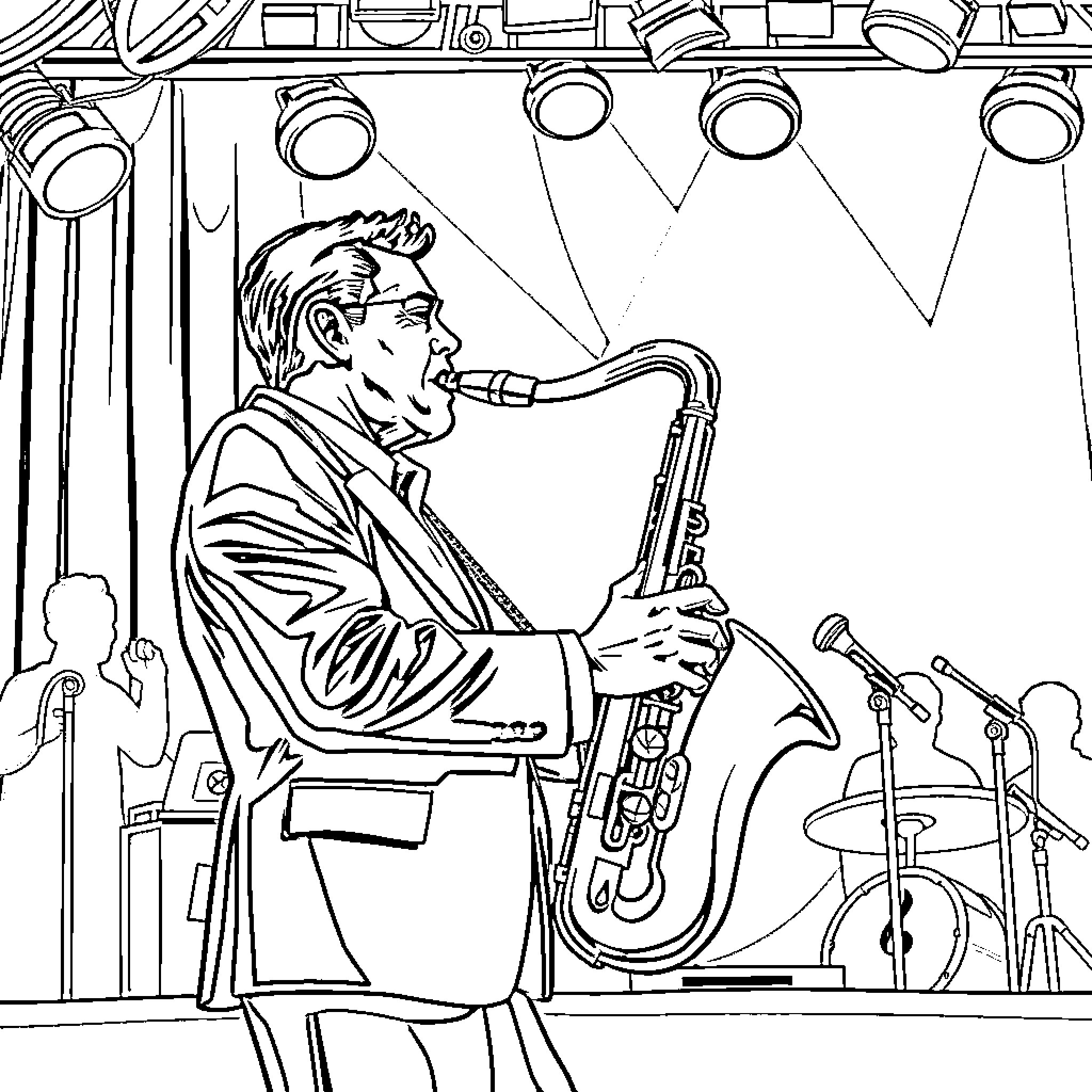 Saxophone player performing on stage Coloring Page (free black-and-white line drawing printable PDF for all, from beginners to advanced learners, including children, teens, adults, and seniors)