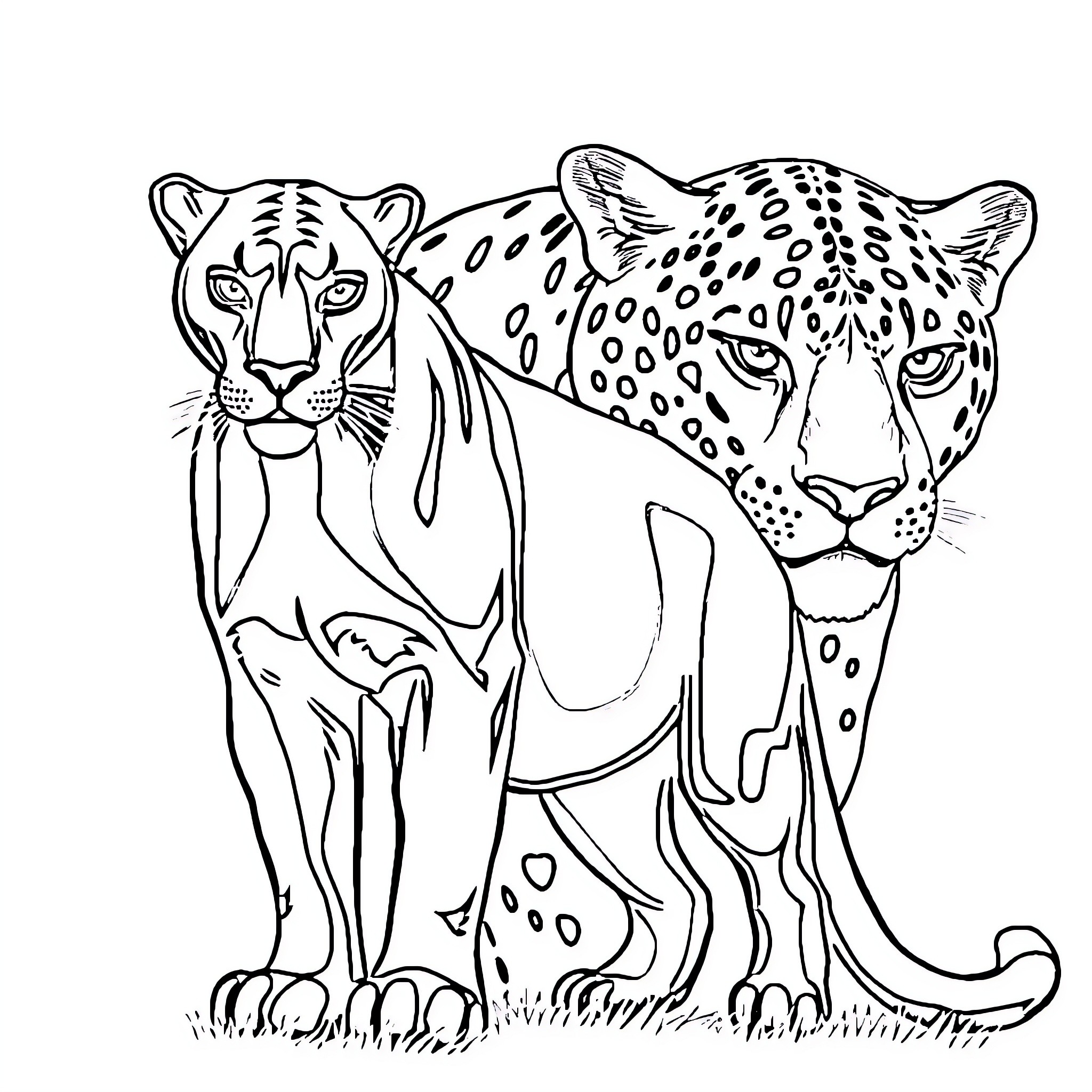 Panther siblings standing alert in the wild Coloring Page (free black-and-white line drawing printable PDF for all, from beginners to advanced learners, including children, teens, adults, and seniors)