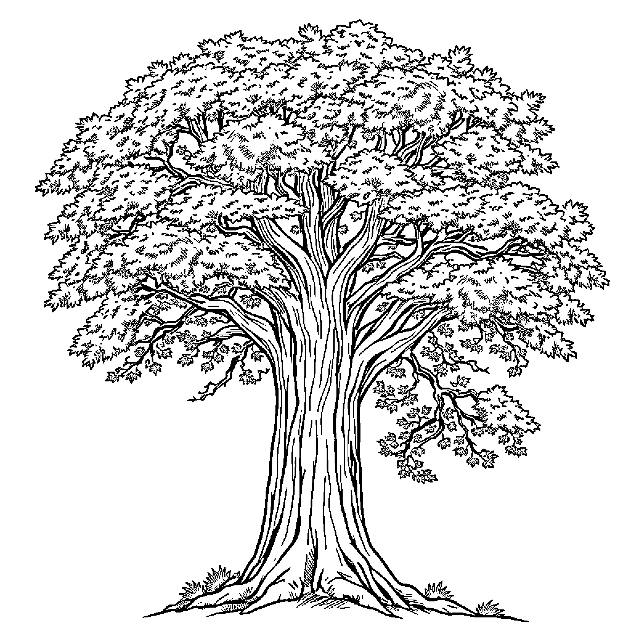 Tree with Intricate Branches and Foliage Coloring Page (free black-and-white line drawing printable PDF for all, from beginners to advanced learners, including children, teens, adults, and seniors)