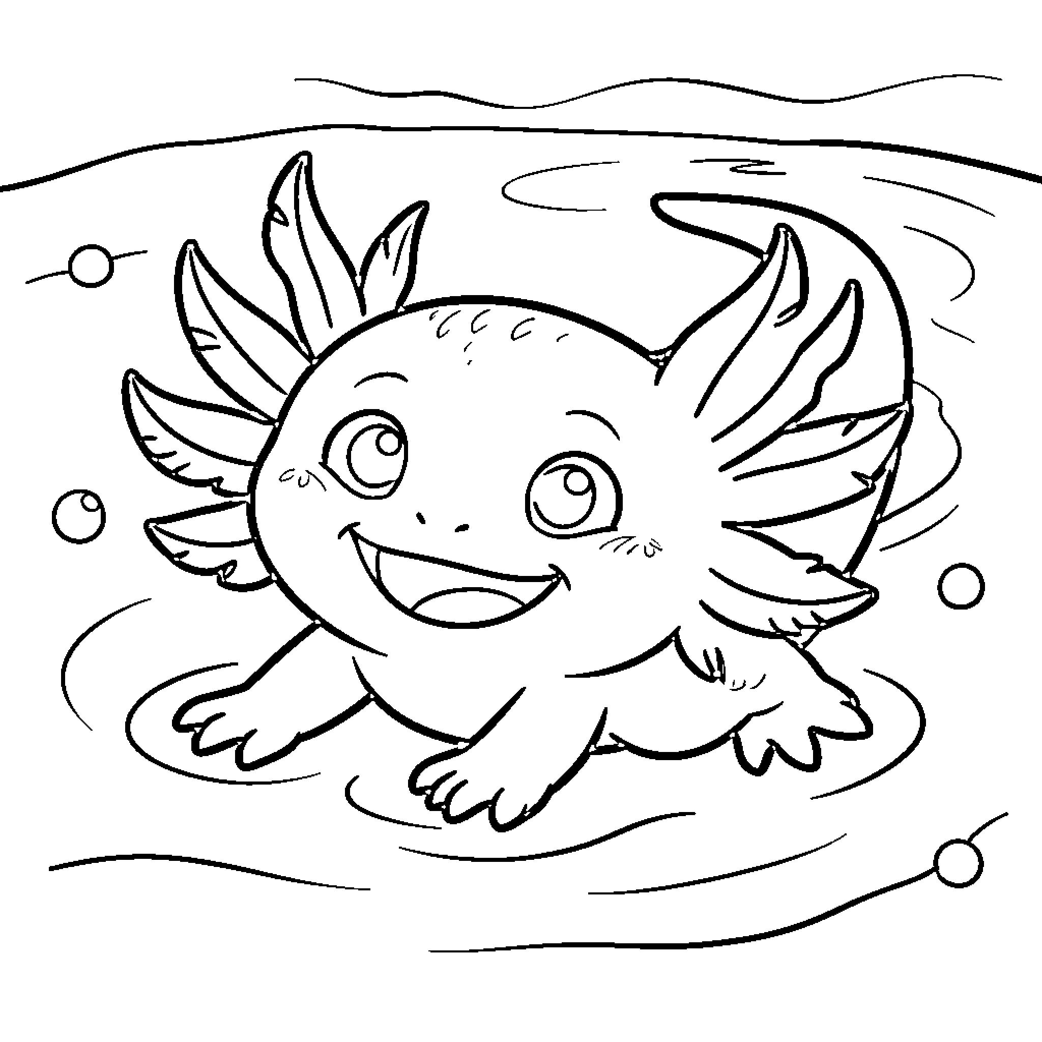 Axolotl smiling joyfully while swimming in water Coloring Page (free black-and-white line drawing printable PDF for all, from beginners to advanced learners, including children, teens, adults, and seniors)