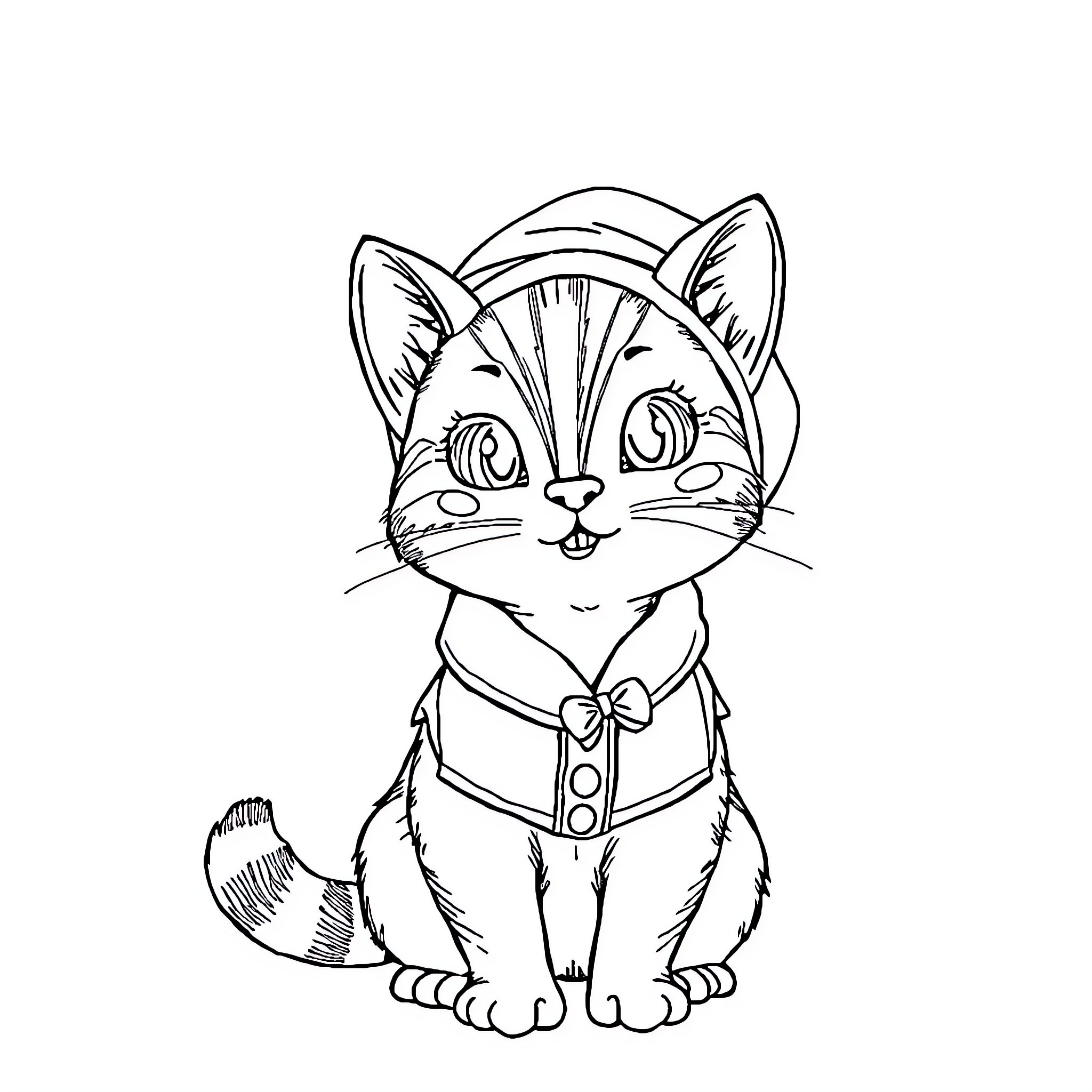 Cat in Adorable Costume Coloring Page (free black-and-white line drawing printable PDF for all, from beginners to advanced learners, including children, teens, adults, and seniors)