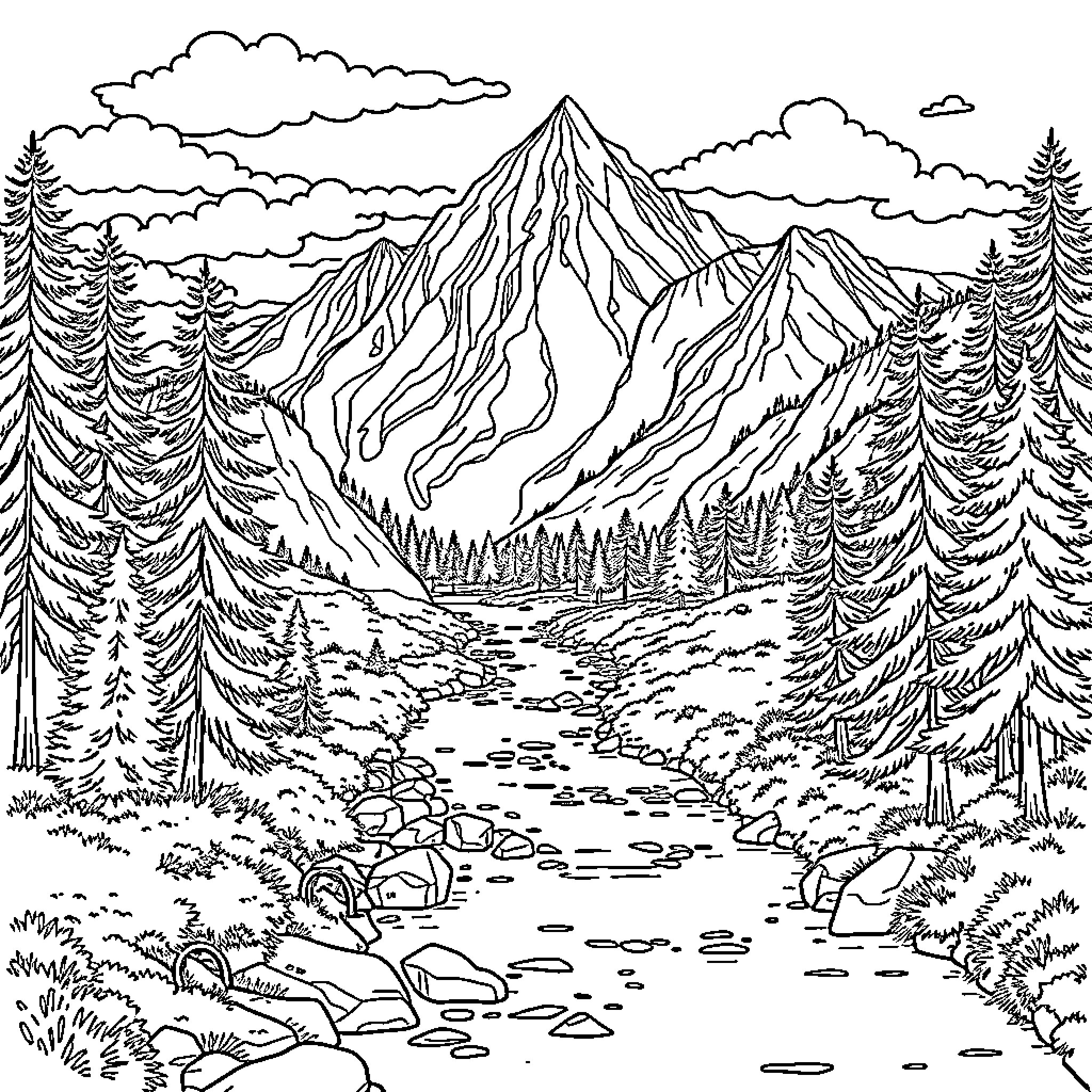 Landscape with Majestic Mountains and Winding Stream Coloring Page (free black-and-white line drawing printable PDF for all, from beginners to advanced learners, including children, teens, adults, and seniors)