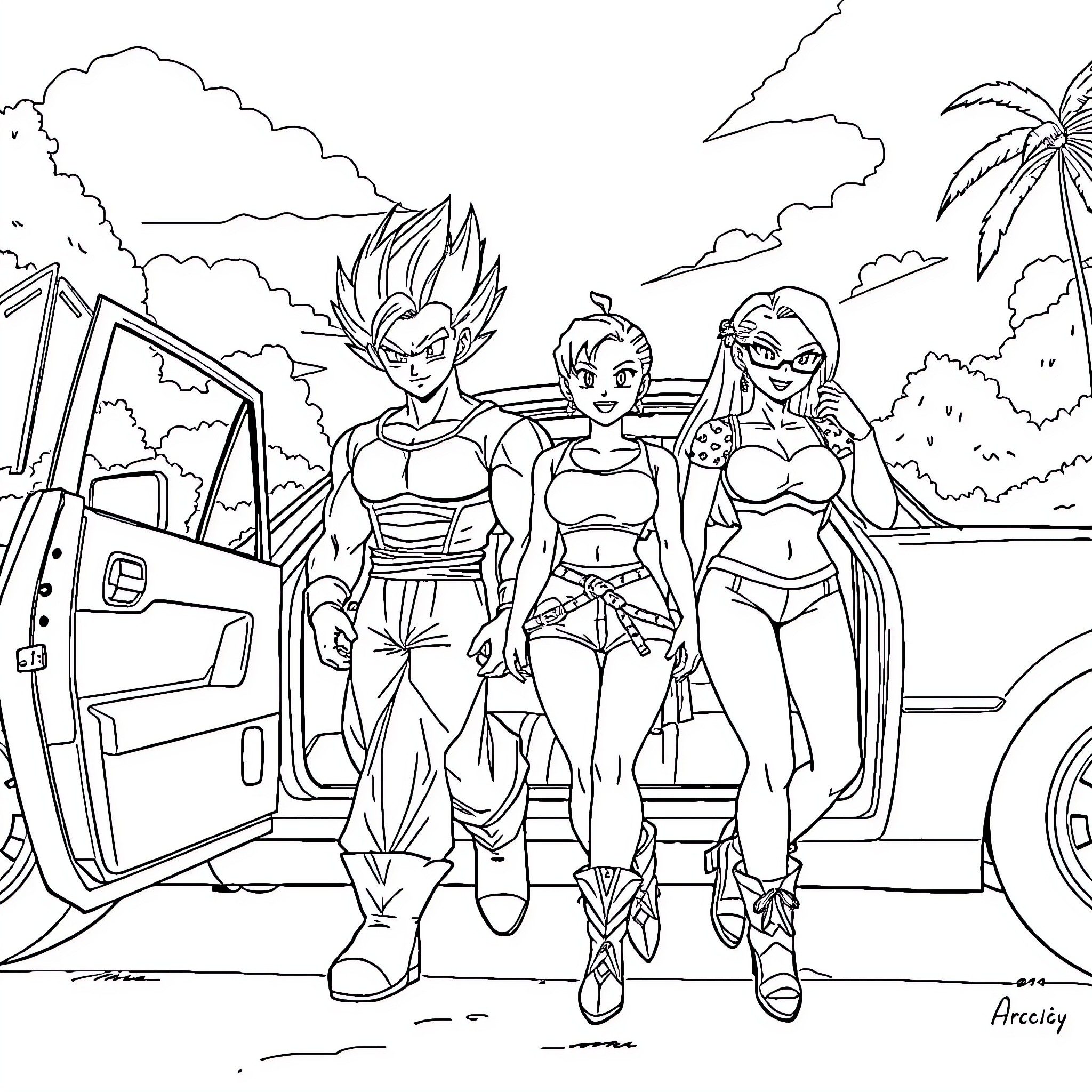 Dragon Ball Characters on a Beach Adventure Coloring Page (free black-and-white line drawing printable PDF for all, from beginners to advanced learners, including children, teens, adults, and seniors)