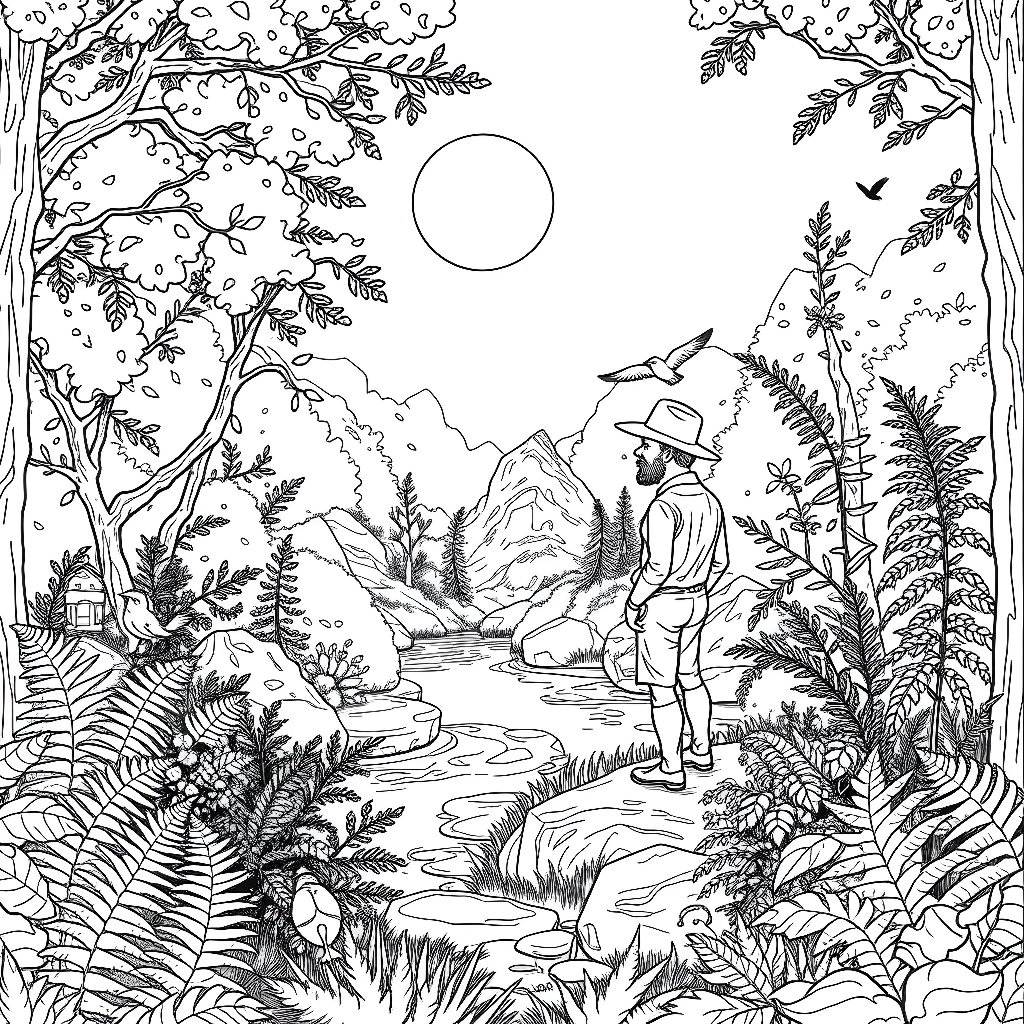 John Weldon explores the serene natural landscape Coloring Page (free black-and-white line drawing printable PDF for all, from beginners to advanced learners, including children, teens, adults, and seniors)