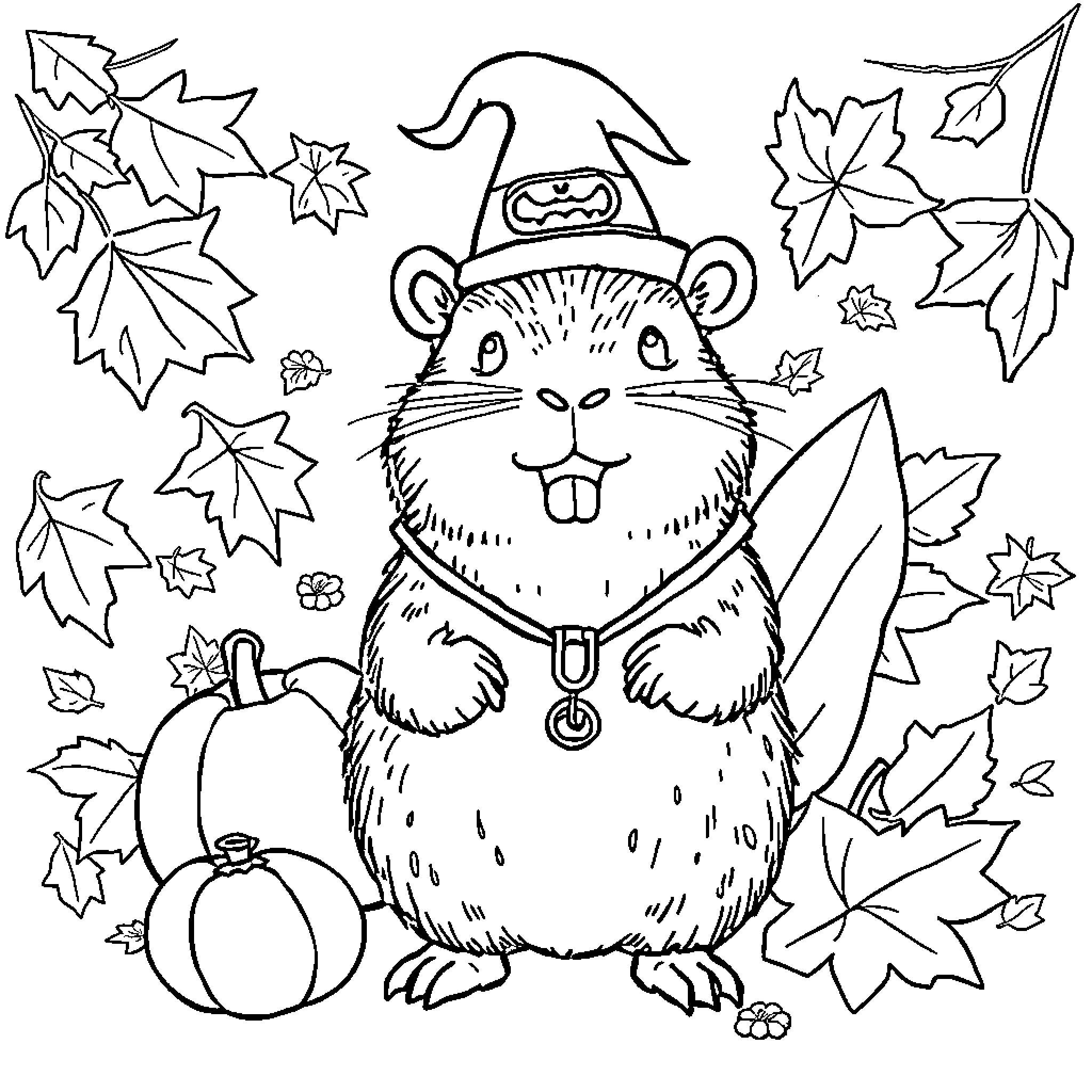 Capybara Wearing Autumn Costume with Pumpkin Coloring Page (free black-and-white line drawing printable PDF for all, from beginners to advanced learners, including children, teens, adults, and seniors)