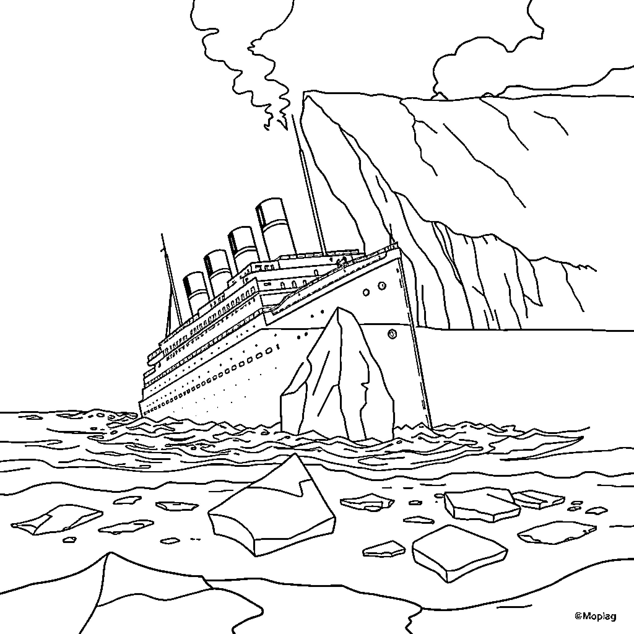 Titanic Sinking Amid Icy Waves and Rocks Coloring Page (free black-and-white line drawing printable PDF for all, from beginners to advanced learners, including children, teens, adults, and seniors)
