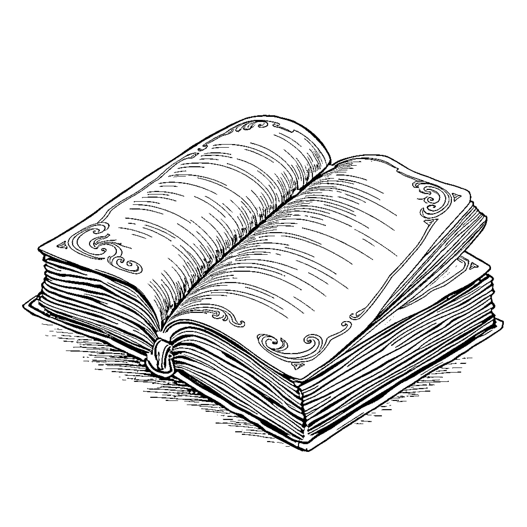 Bible open with ornate pages Coloring Page (free black-and-white line drawing printable PDF for all, from beginners to advanced learners, including children, teens, adults, and seniors)