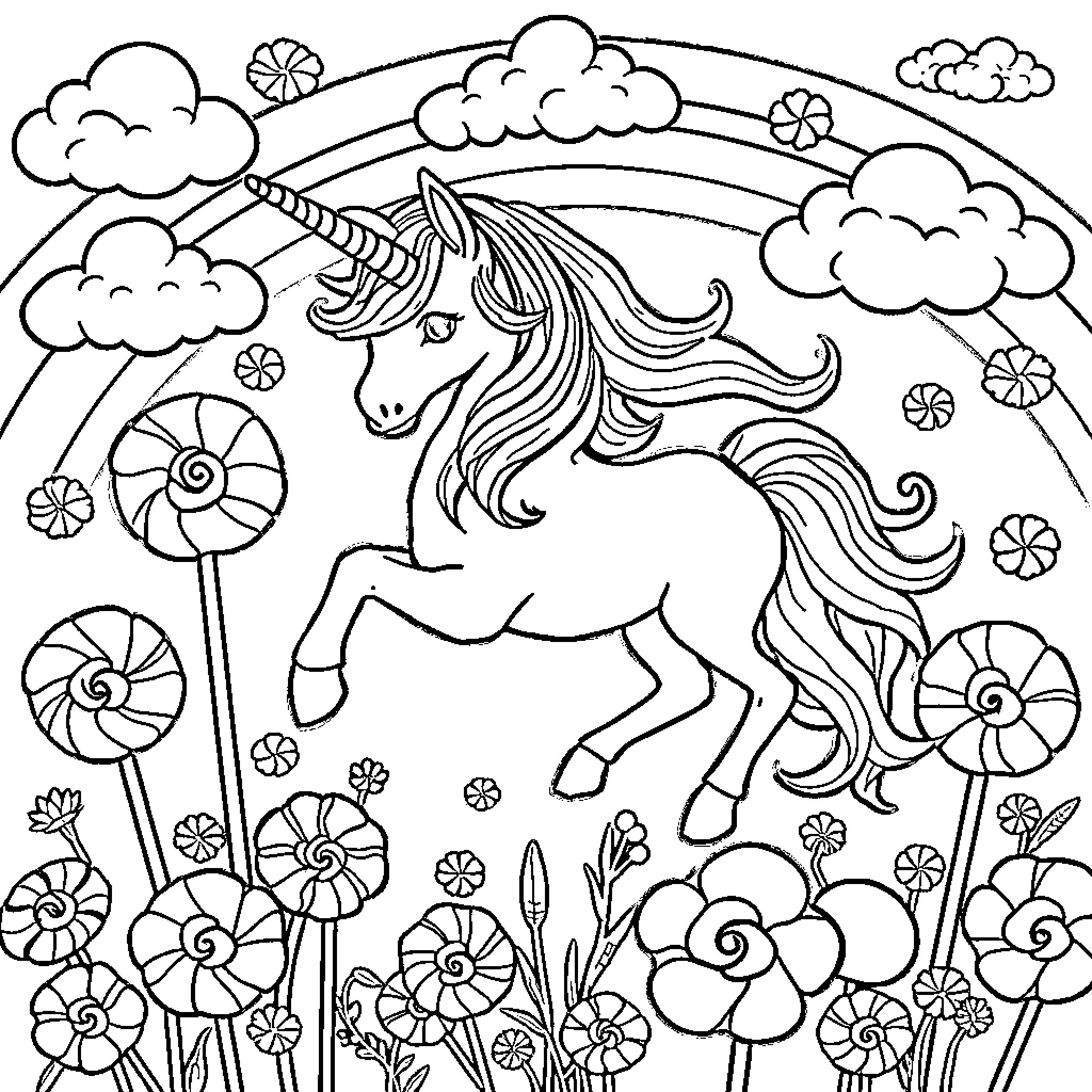 Unicorn frolicking in a magical garden Coloring Page (free black-and-white line drawing printable PDF for all, from beginners to advanced learners, including children, teens, adults, and seniors)