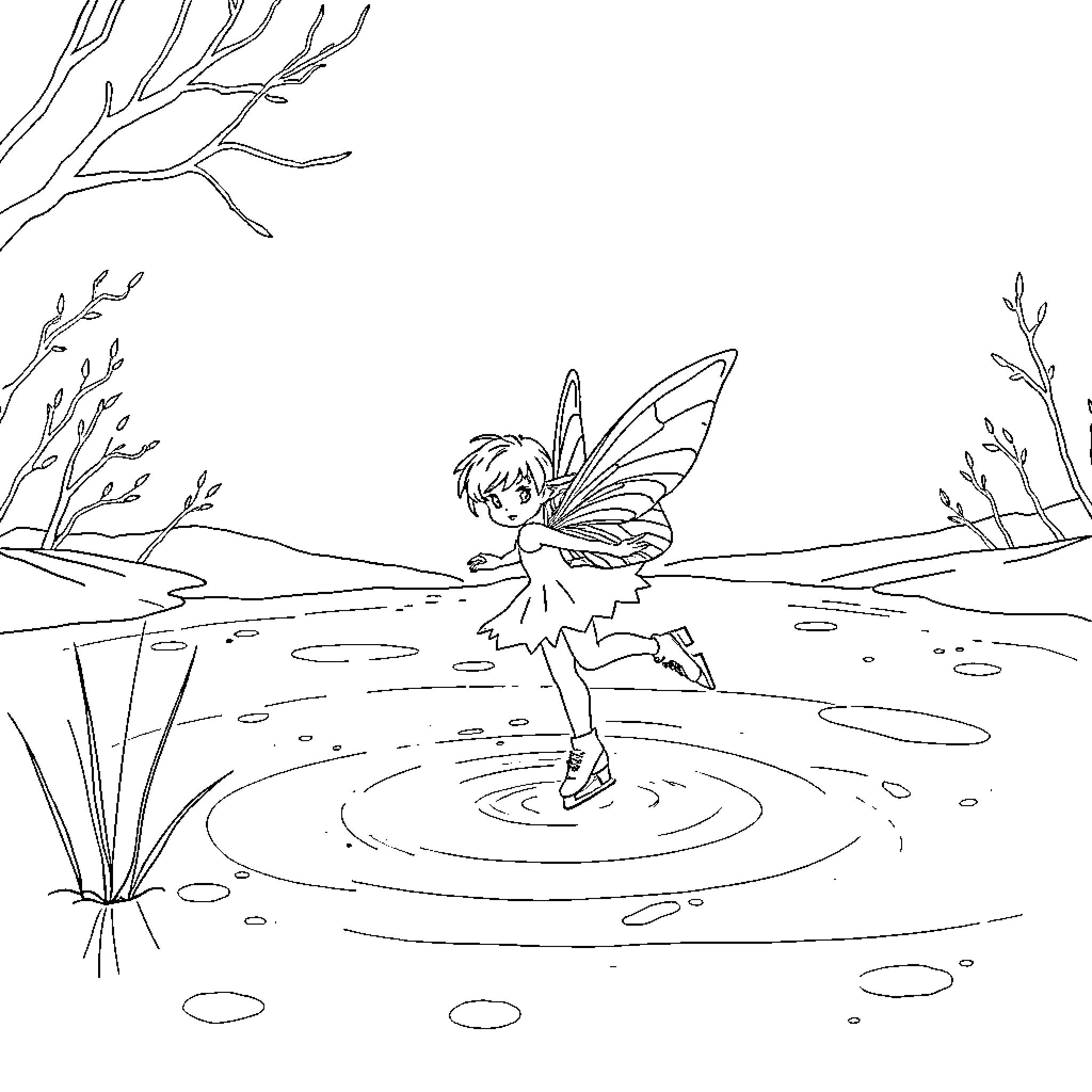 Pixie fairy splashing in pond Coloring Page (free black-and-white line drawing printable PDF for all, from beginners to advanced learners, including children, teens, adults, and seniors)