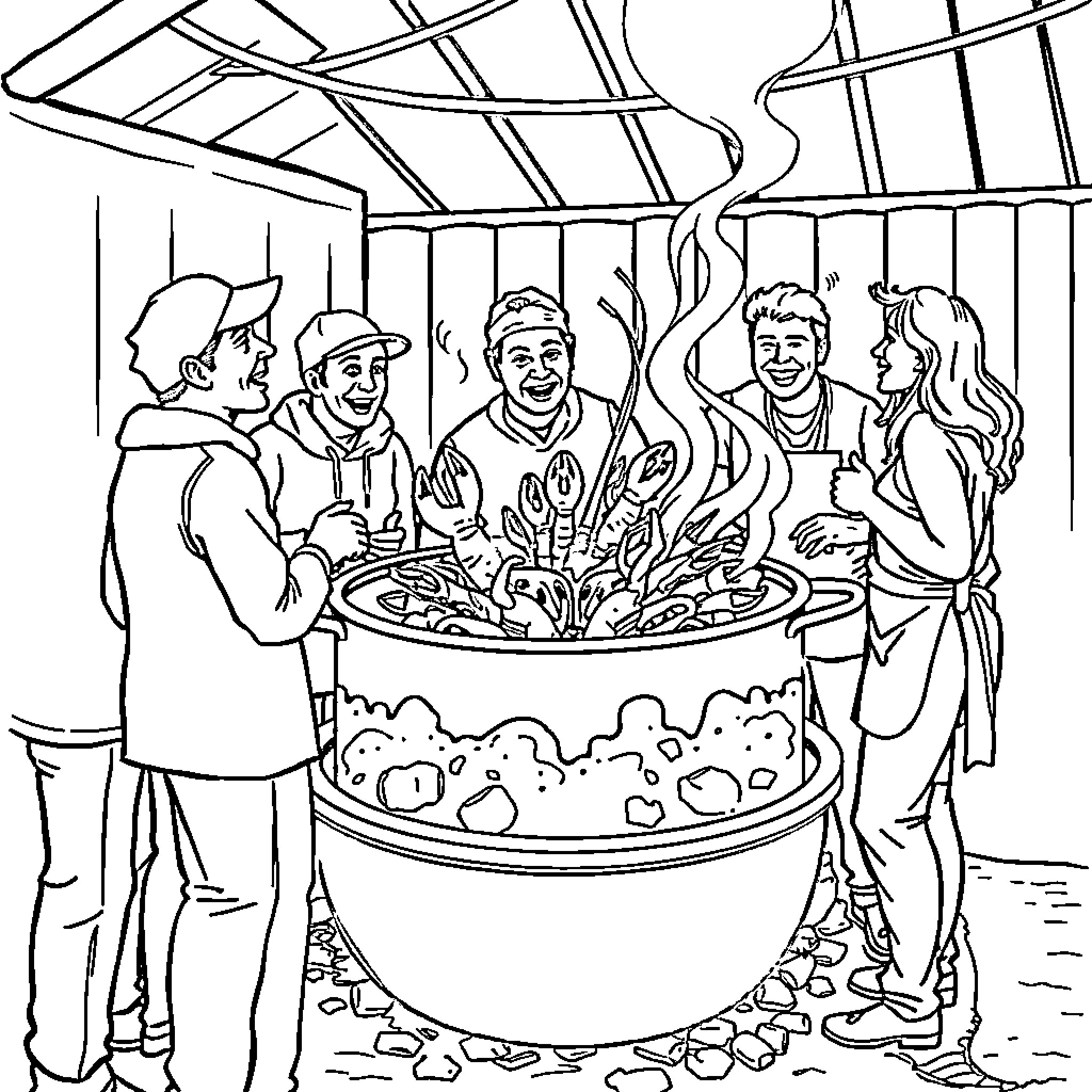 Crawfish boil gathering with friends Coloring Page (free black-and-white line drawing printable PDF for all, from beginners to advanced learners, including children, teens, adults, and seniors)