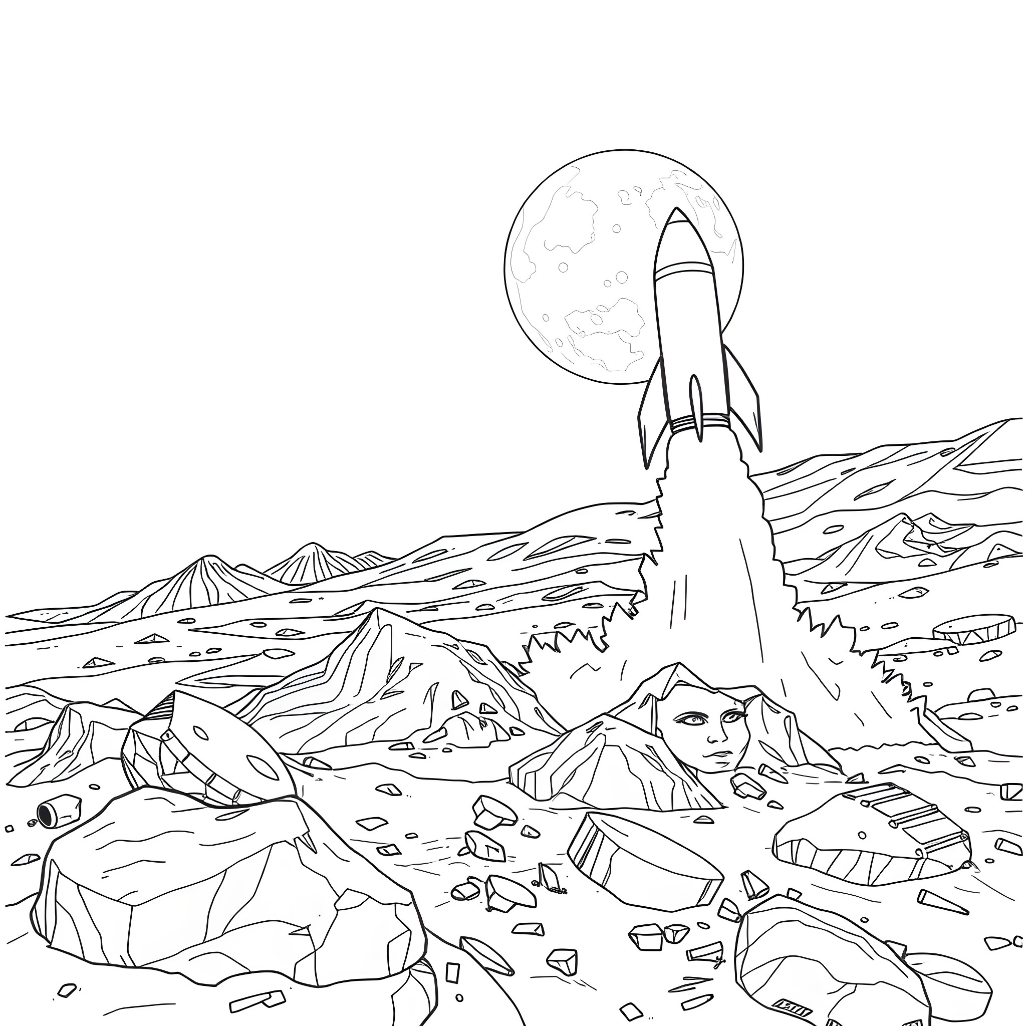 Rocket launch on alien landscape Coloring Page (free black-and-white line drawing printable PDF for all, from beginners to advanced learners, including children, teens, adults, and seniors)