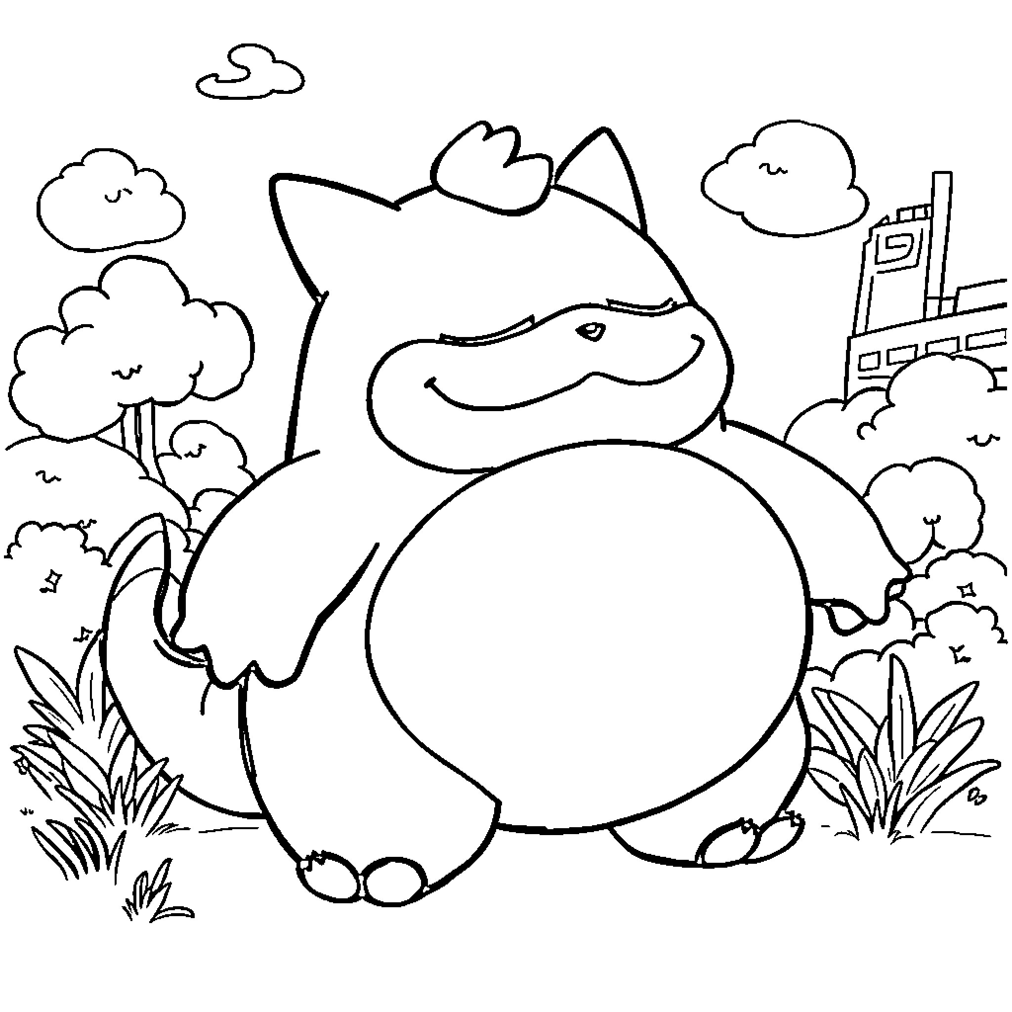 Snorlax relaxing in the park Coloring Page (free black-and-white line drawing printable PDF for all, from beginners to advanced learners, including children, teens, adults, and seniors)