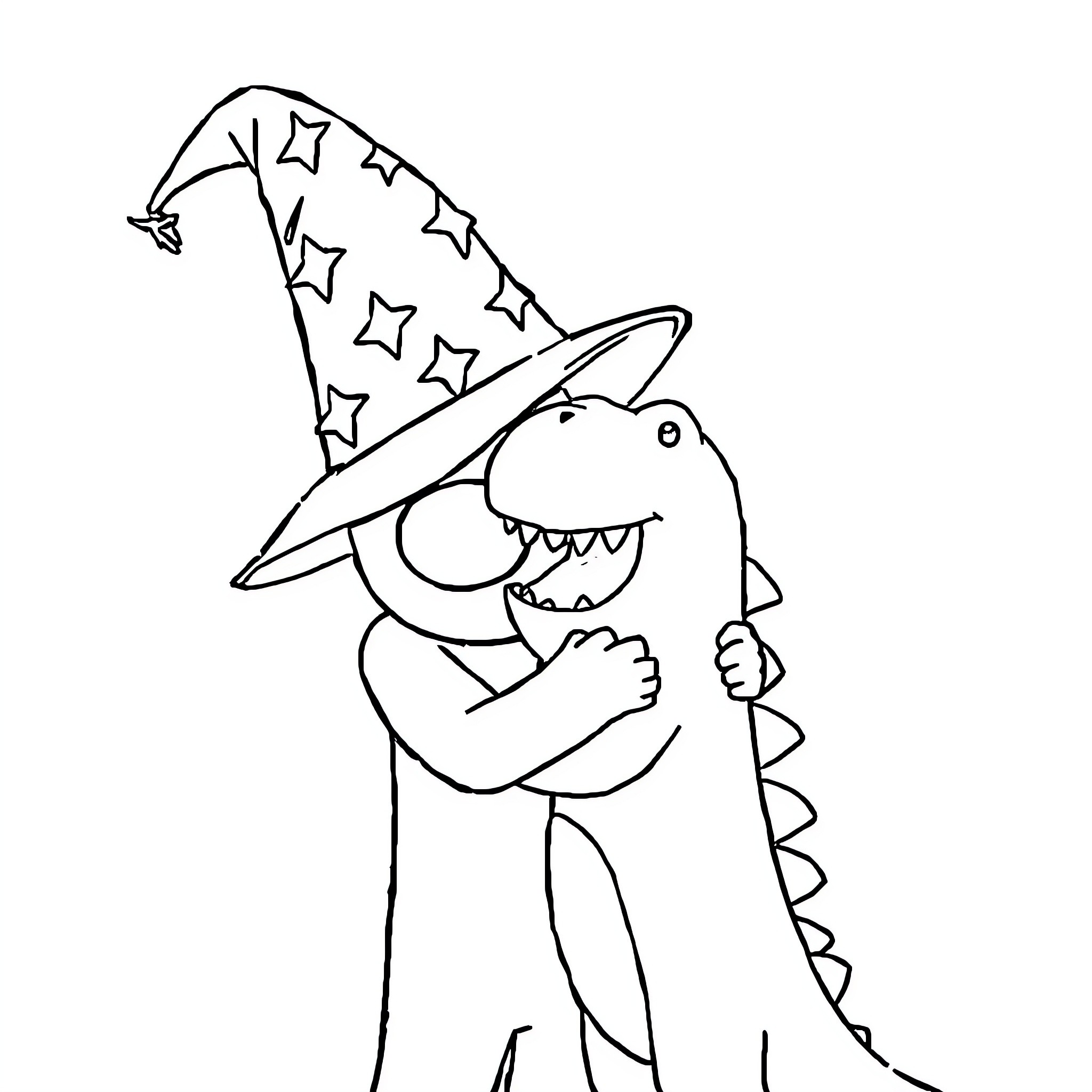 Among Us Dinosaur Witch Embracing Itself Coloring Page (free black-and-white line drawing printable PDF for all, from beginners to advanced learners, including children, teens, adults, and seniors)