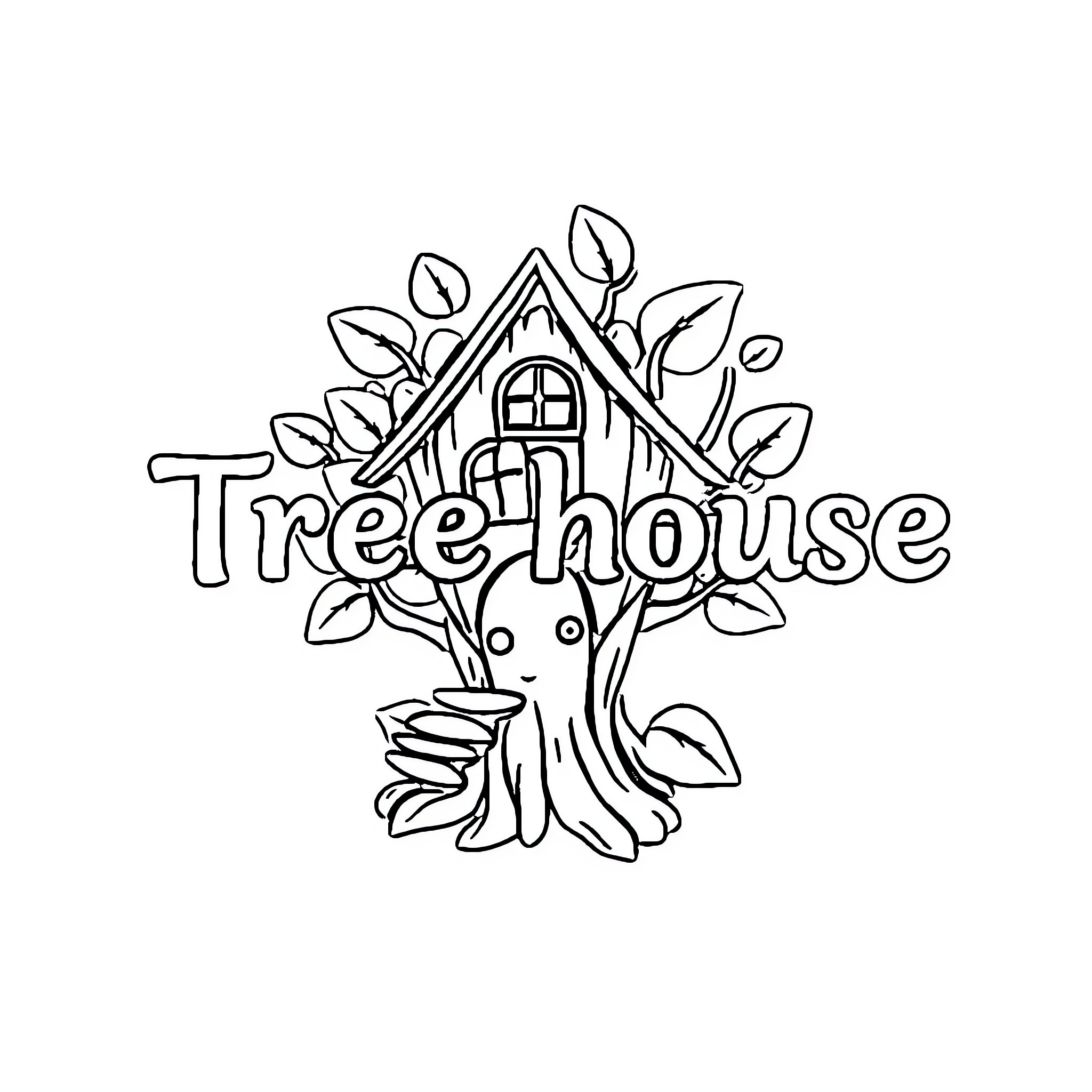 Treehouse with whimsical foliage and creature Coloring Page (free black-and-white line drawing printable PDF for all, from beginners to advanced learners, including children, teens, adults, and seniors)