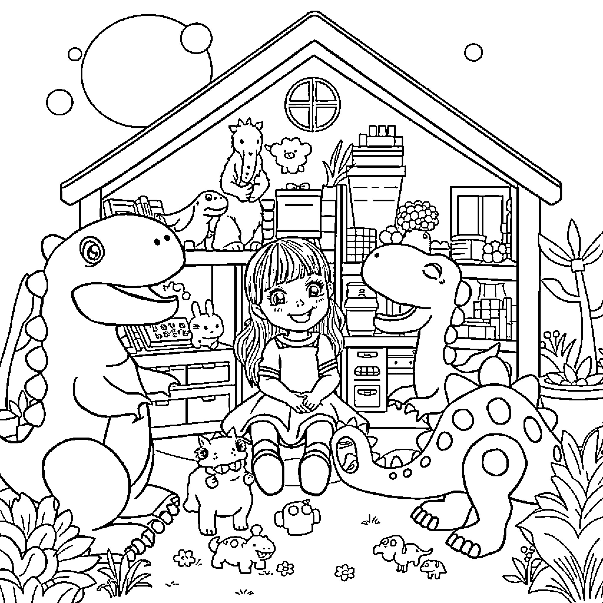 Dollhouse with toys and animals in the backyard Coloring Page (free black-and-white line drawing printable PDF for all, from beginners to advanced learners, including children, teens, adults, and seniors)