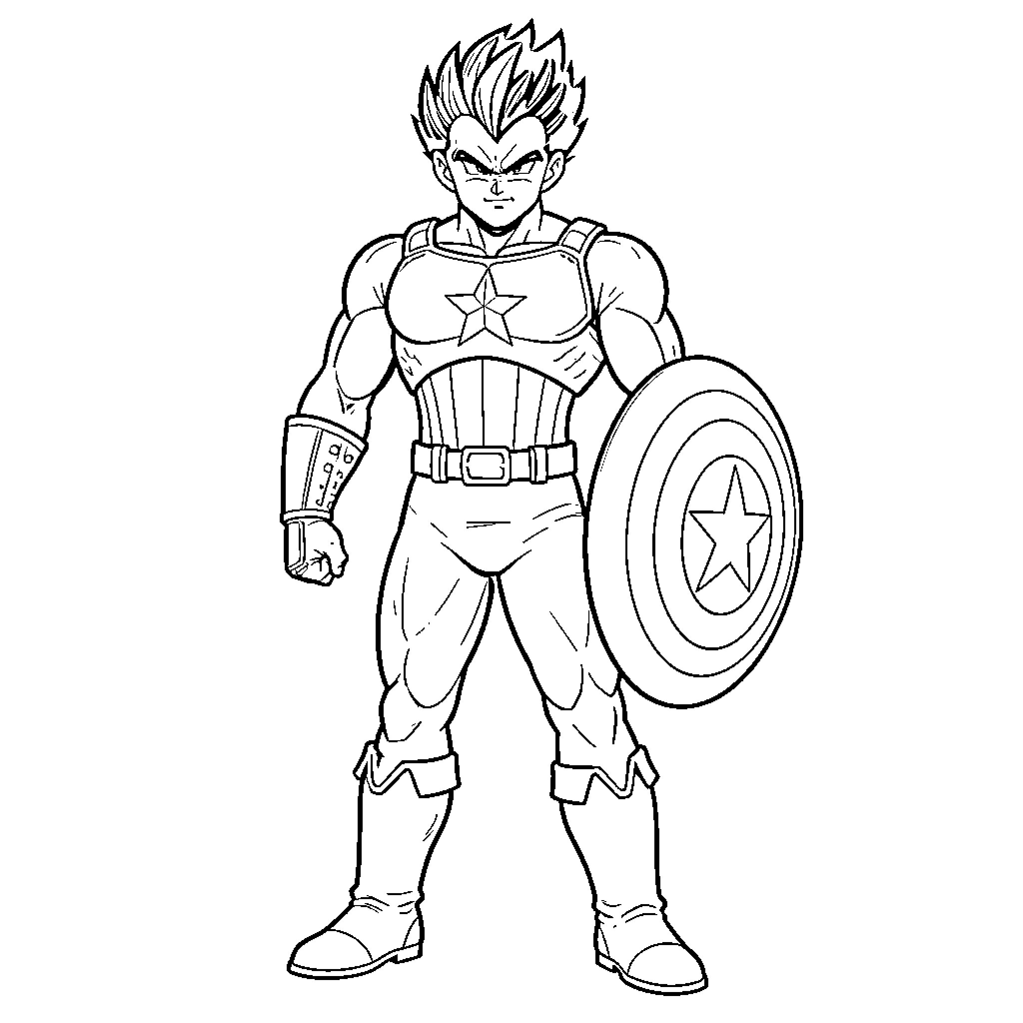 Vegeta wearing superhero armor and holding a shield Coloring Page (free black-and-white line drawing printable PDF for all, from beginners to advanced learners, including children, teens, adults, and seniors)