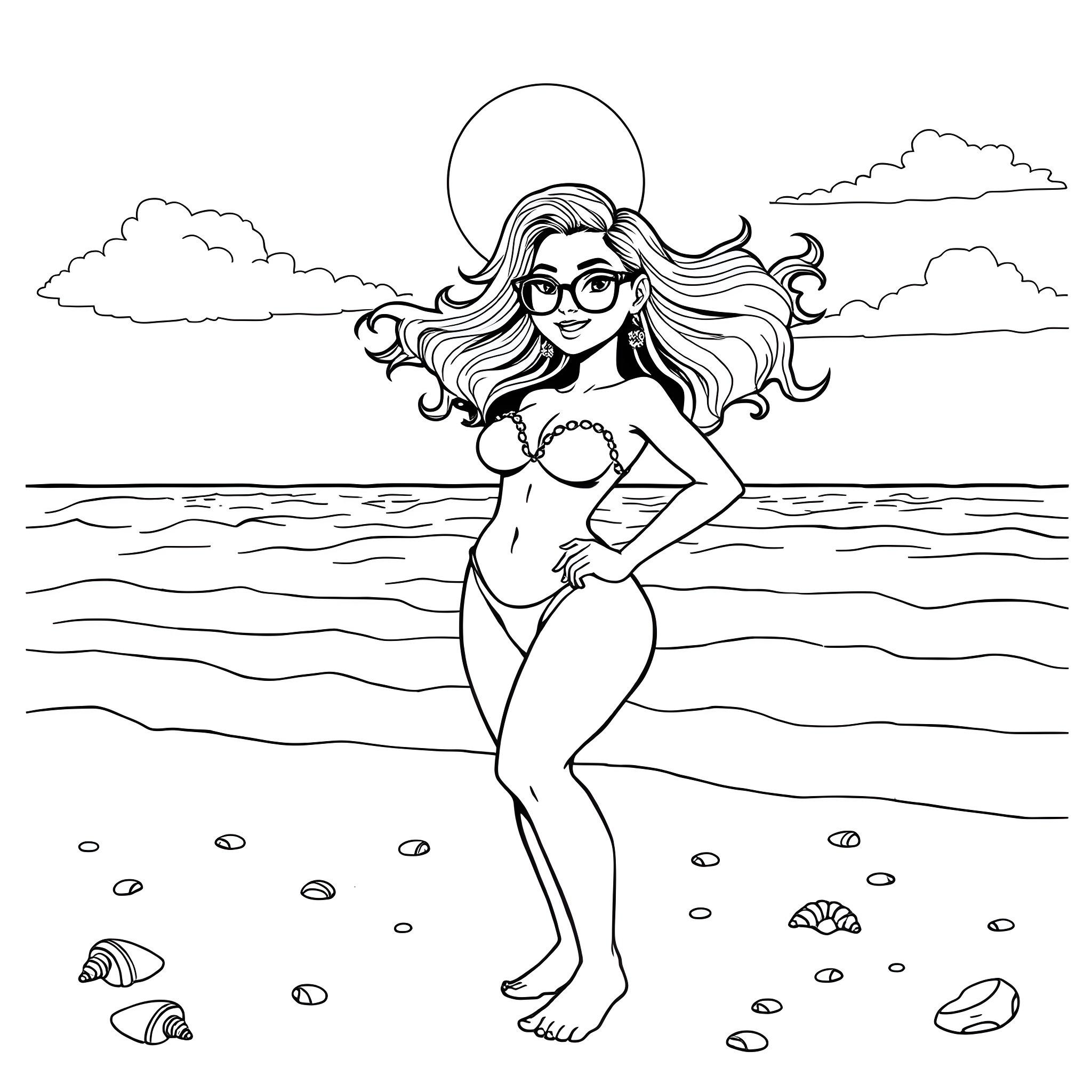 Asa Akira enjoying a day at the beach Coloring Page (free black-and-white line drawing printable PDF for all, from beginners to advanced learners, including children, teens, adults, and seniors)