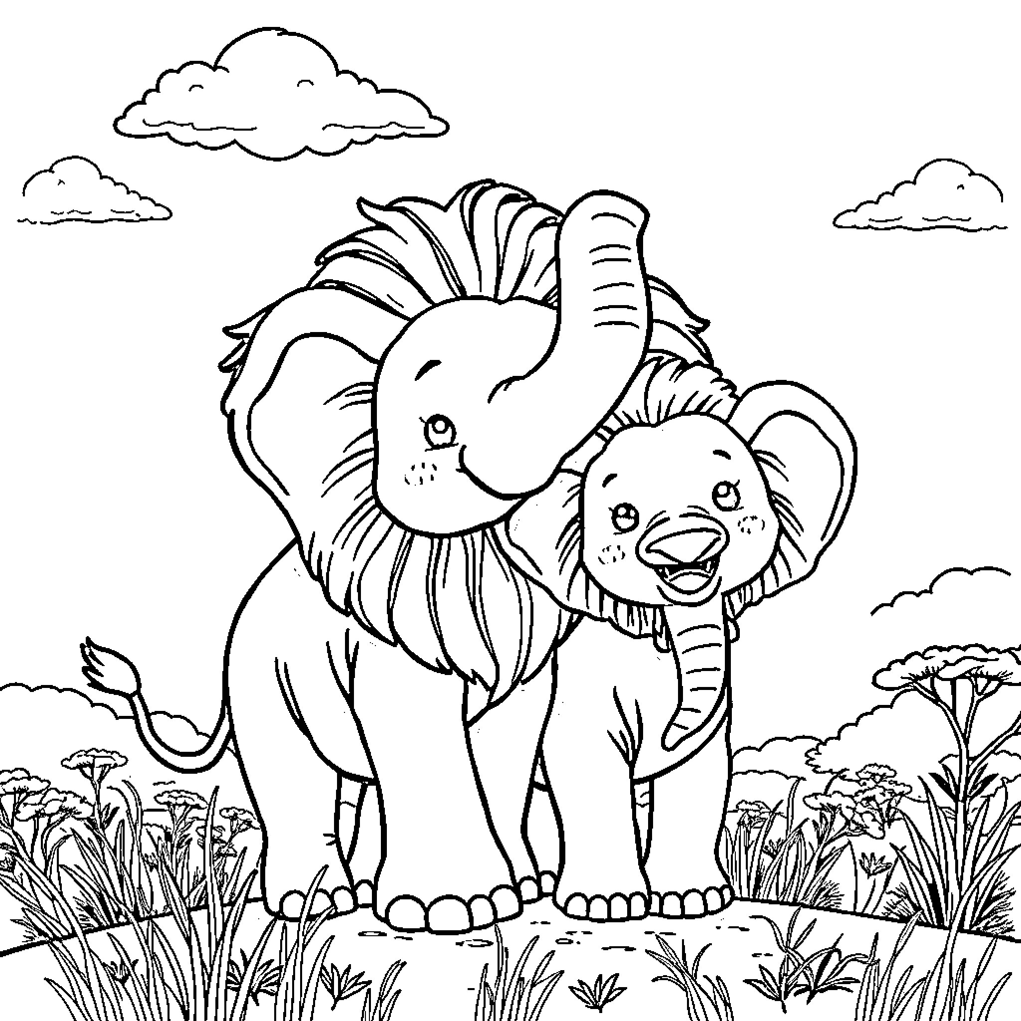 Savanna Animals - Lion and Elephant in Nature Coloring Page (free black-and-white line drawing printable PDF for all, from beginners to advanced learners, including children, teens, adults, and seniors)