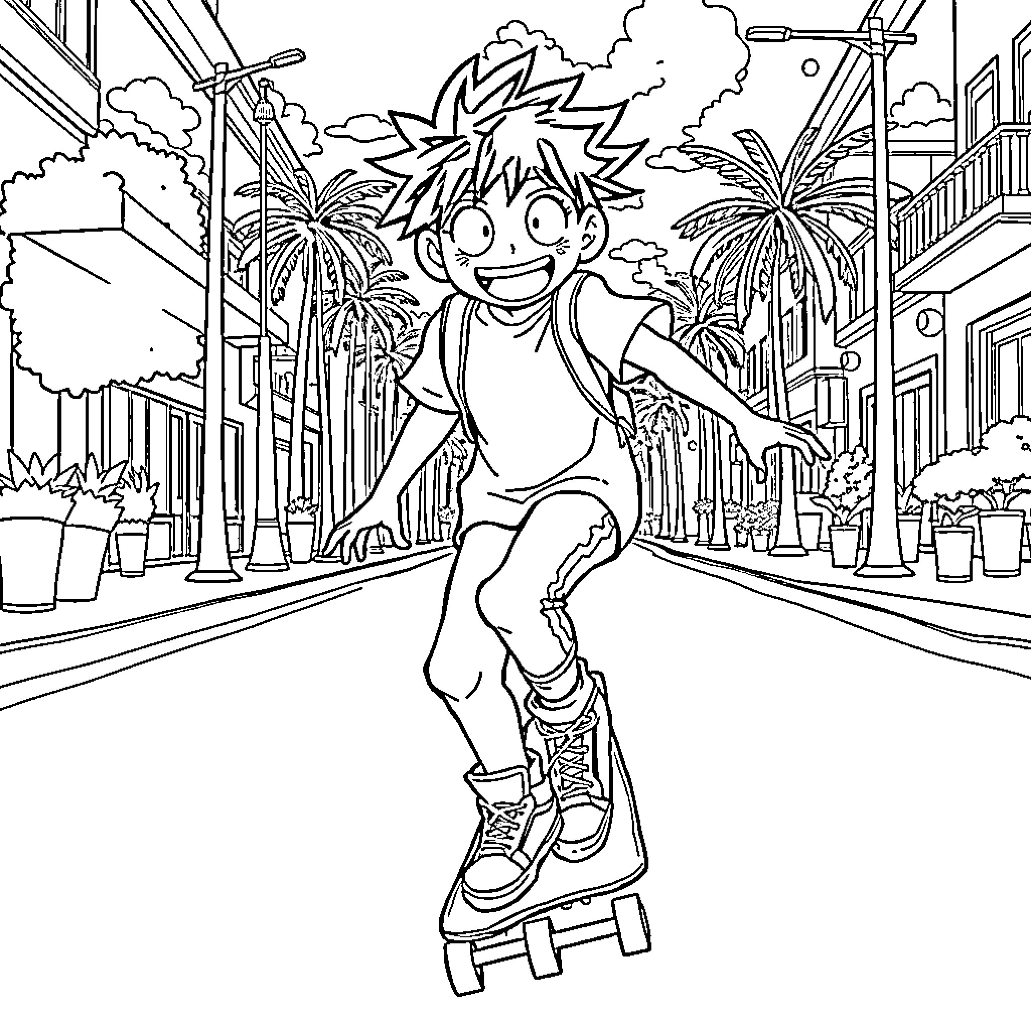 Demi's Lively Skateboarding Adventure Coloring Page (free black-and-white line drawing printable PDF for all, from beginners to advanced learners, including children, teens, adults, and seniors)