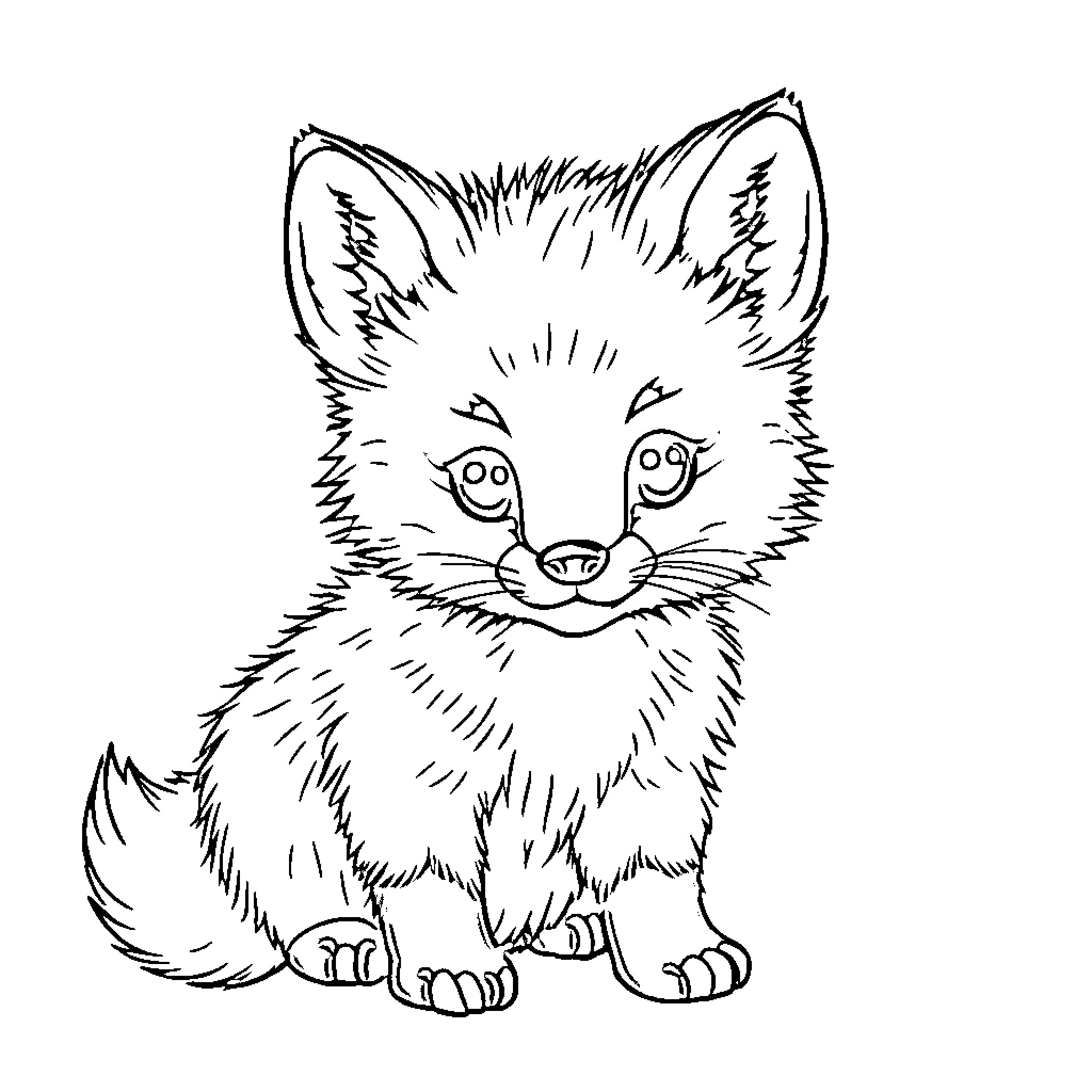 Fox Cub Sitting Playfully Coloring Page (free black-and-white line drawing printable PDF for all, from beginners to advanced learners, including children, teens, adults, and seniors)