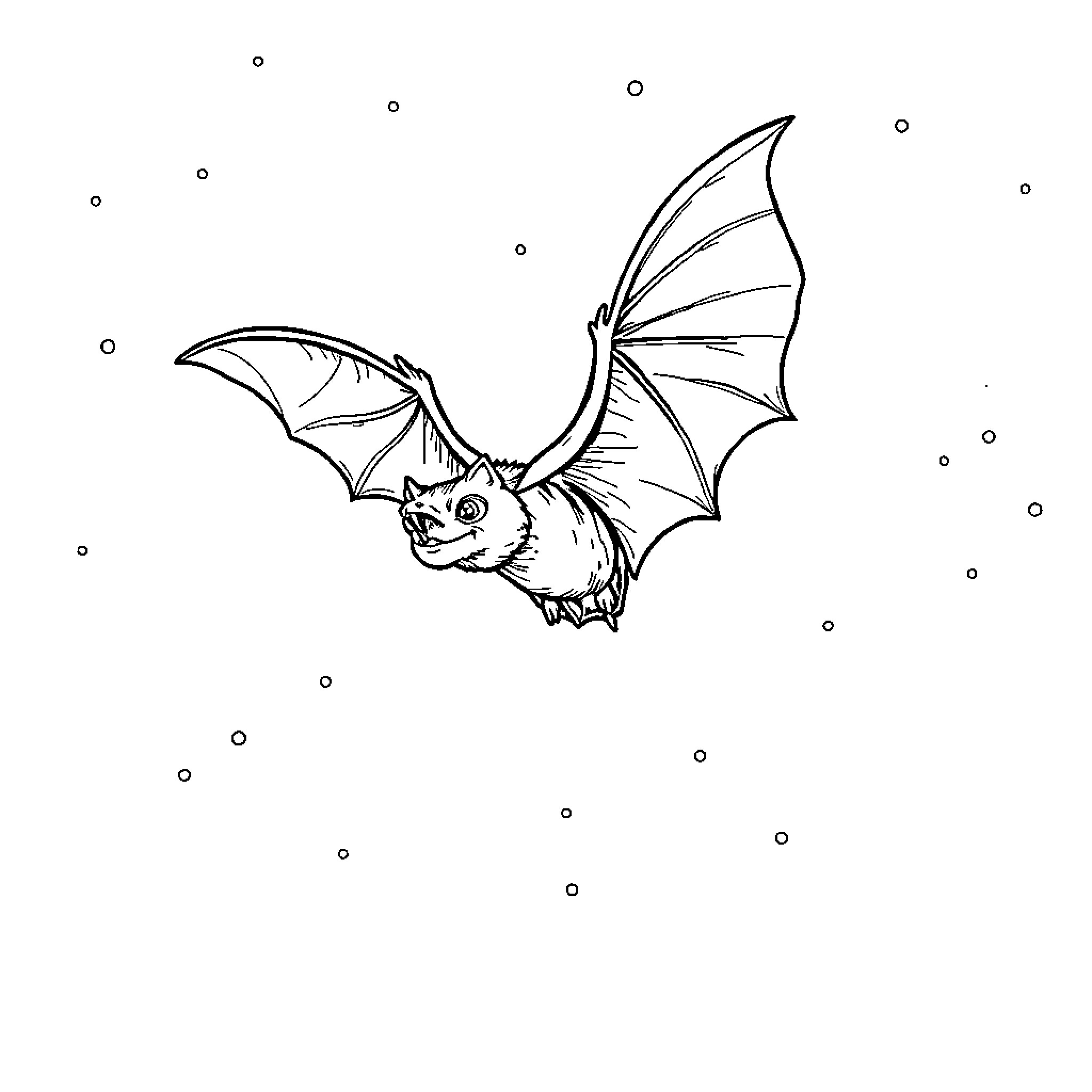 Bat soaring through the starry night Coloring Page (free black-and-white line drawing printable PDF for all, from beginners to advanced learners, including children, teens, adults, and seniors)