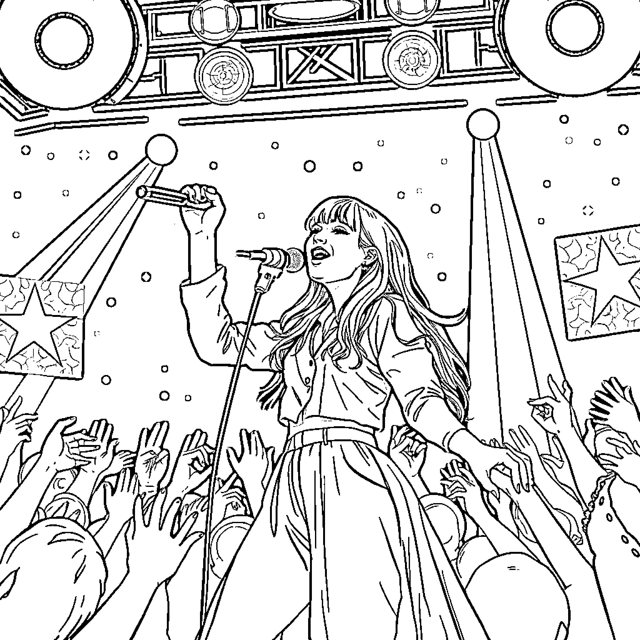 Zoey's Passionate Performance on Stage Coloring Page (free black-and-white line drawing printable PDF for all, from beginners to advanced learners, including children, teens, adults, and seniors)