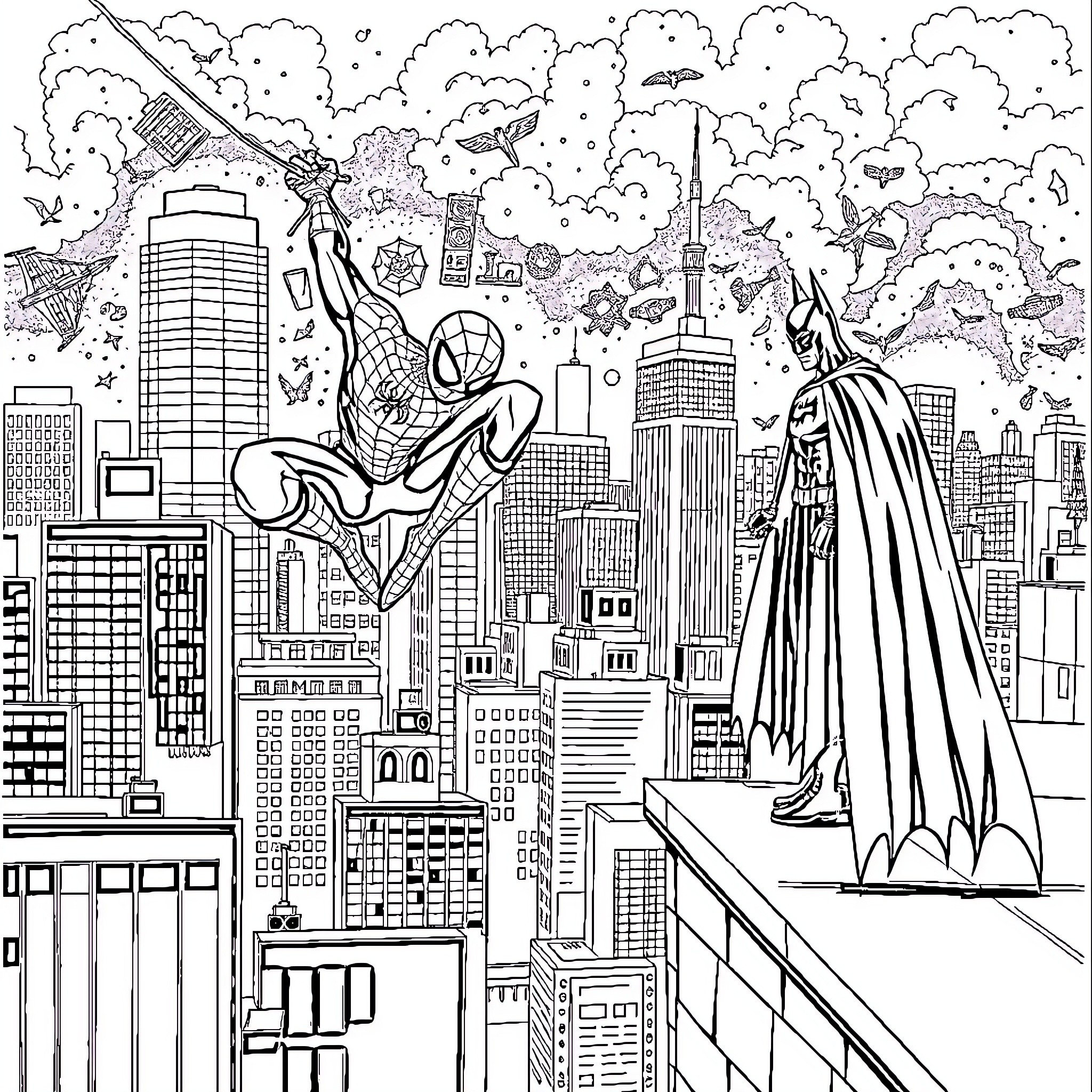 Spiderman and Batman battle over the city skyline Coloring Page (free black-and-white line drawing printable PDF for all, from beginners to advanced learners, including children, teens, adults, and seniors)