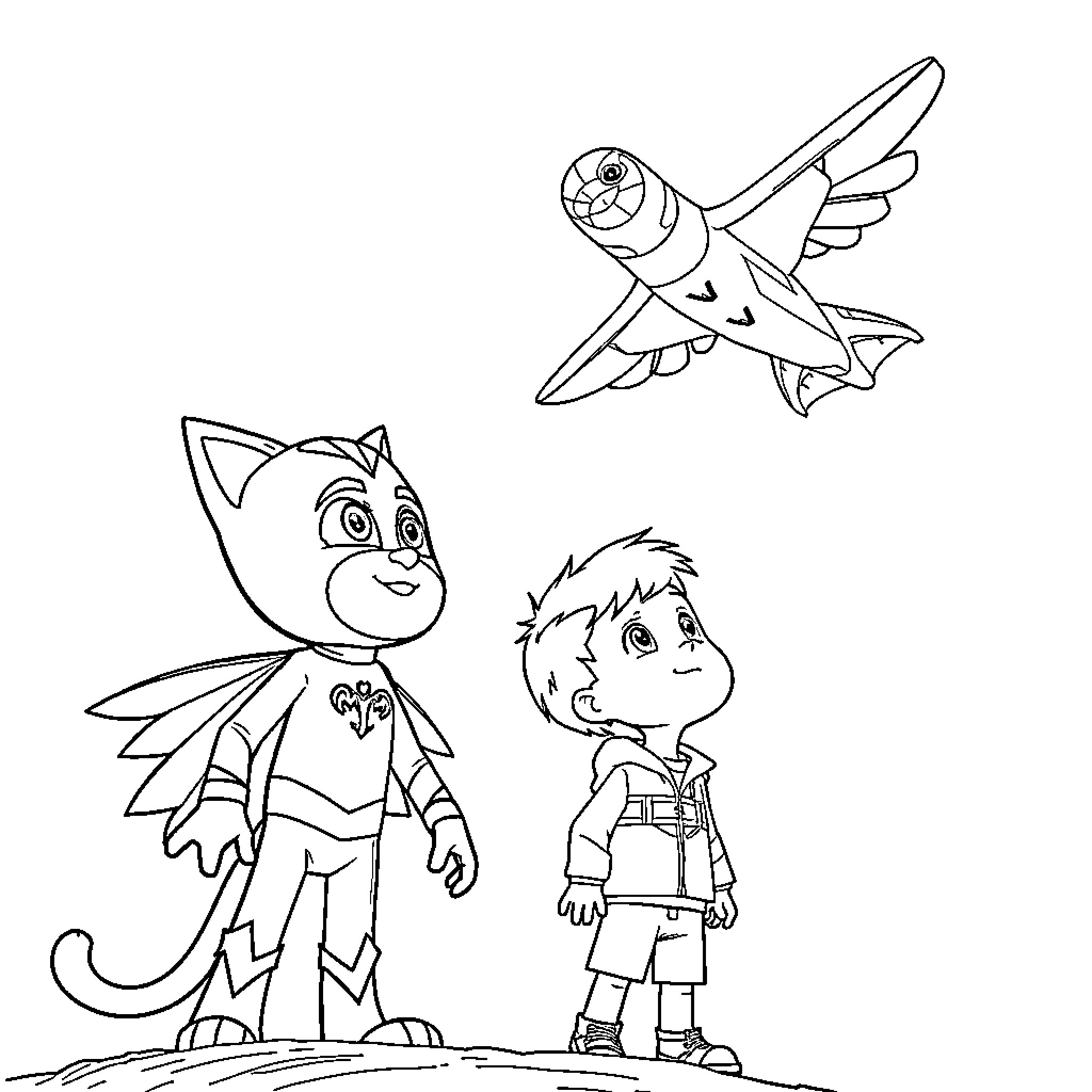 Catboy and his human friend on an adventure Coloring Page (free black-and-white line drawing printable PDF for all, from beginners to advanced learners, including children, teens, adults, and seniors)