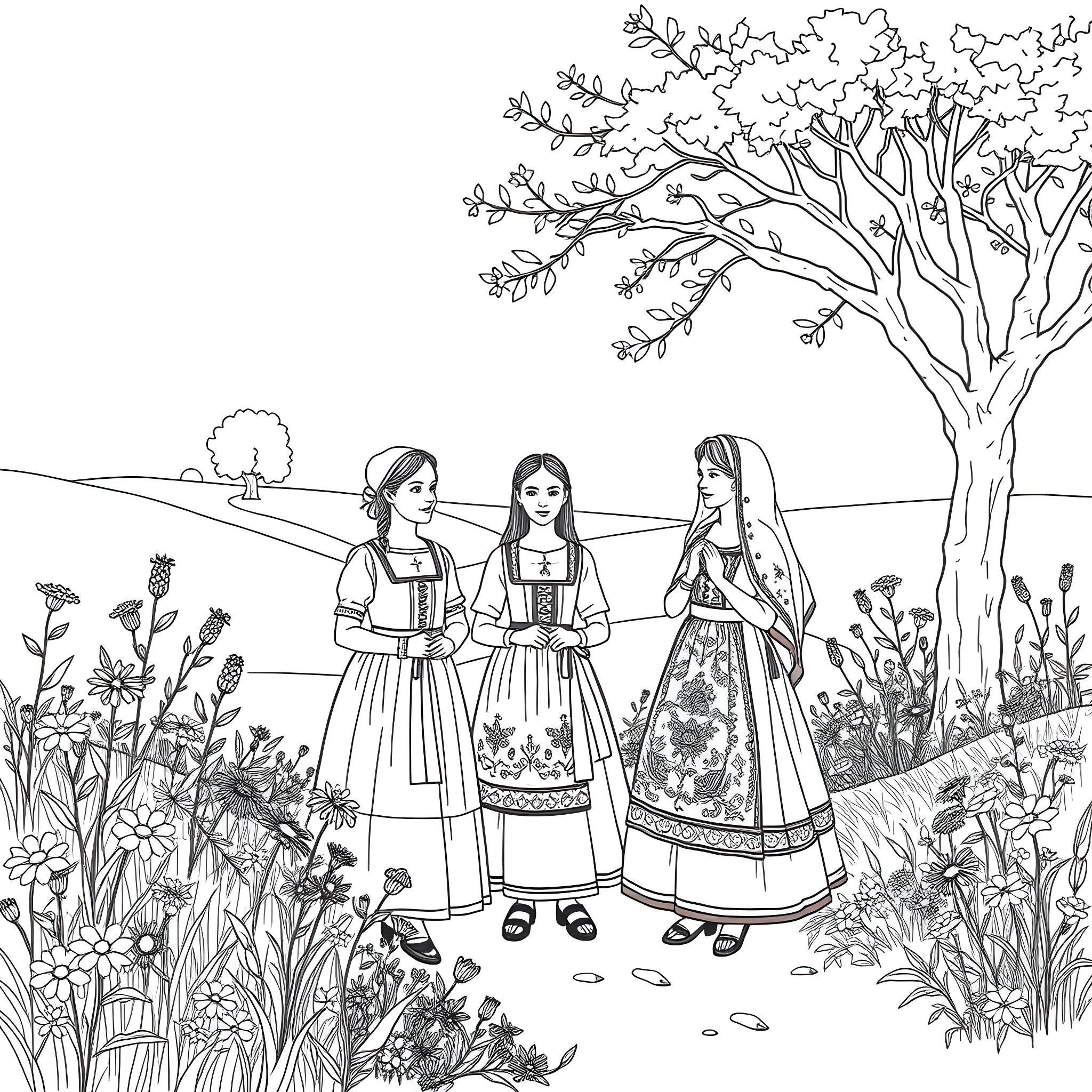 Clothing of women in a rural landscape Coloring Page (free black-and-white line drawing printable PDF for all, from beginners to advanced learners, including children, teens, adults, and seniors)
