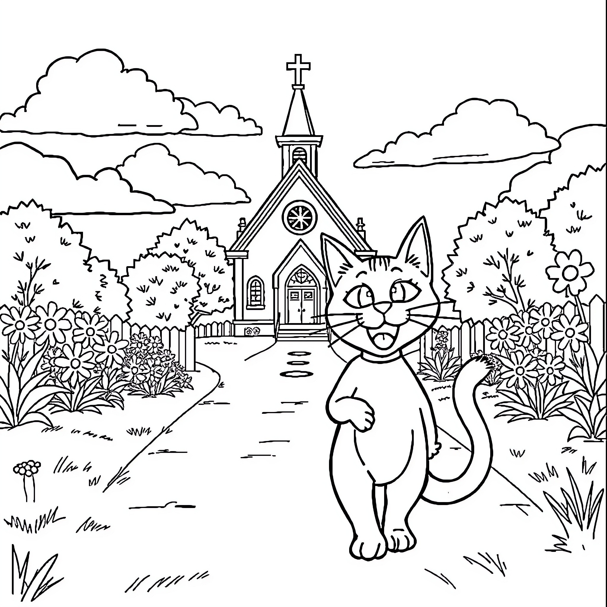 Pete's Playful Adventure in the Enchanting Church Garden Coloring Page (free black-and-white line drawing printable PDF for all, from beginners to advanced learners, including children, teens, adults, and seniors)