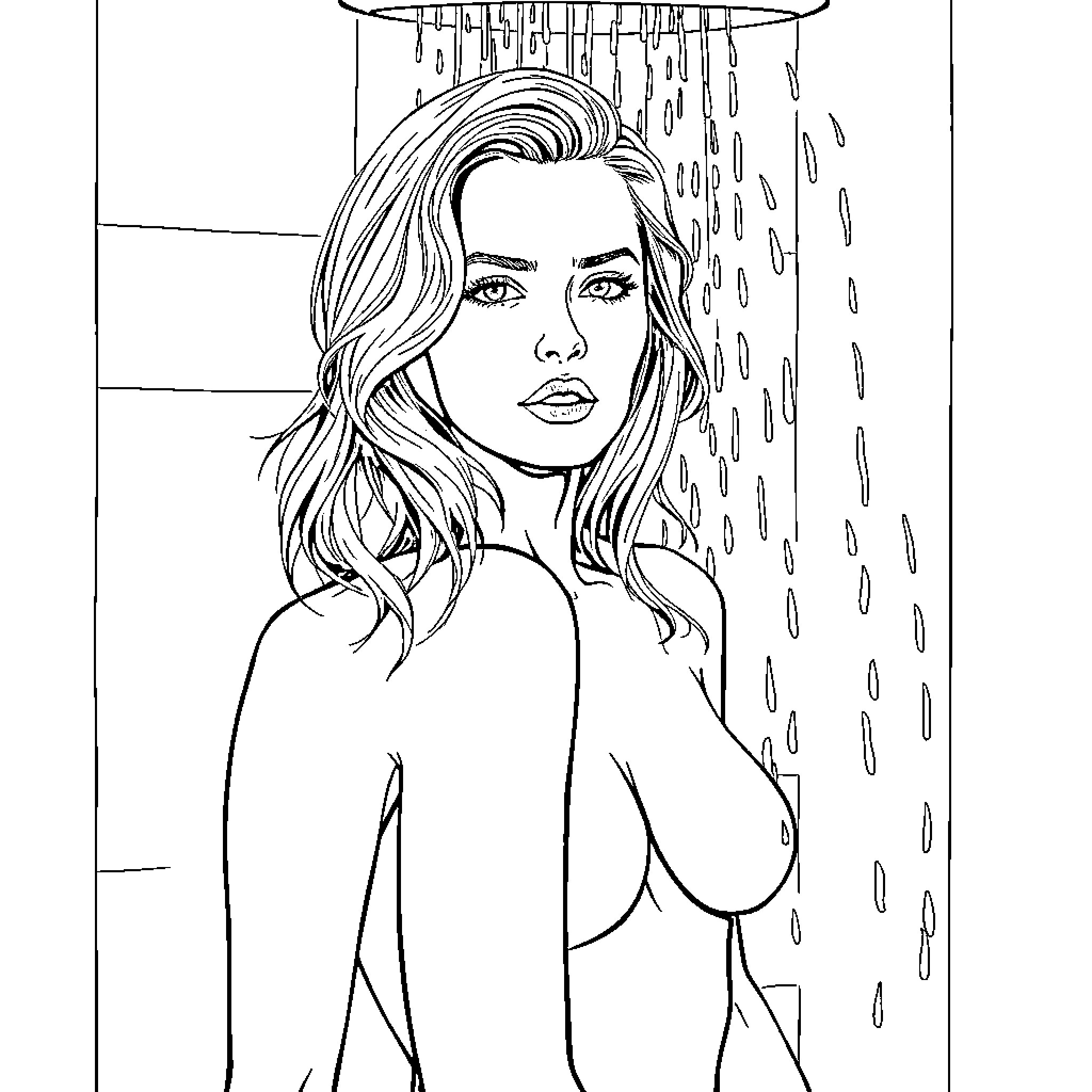 Nicole Kidman in pensive pose under rain shower Coloring Page (free black-and-white line drawing printable PDF for all, from beginners to advanced learners, including children, teens, adults, and seniors)