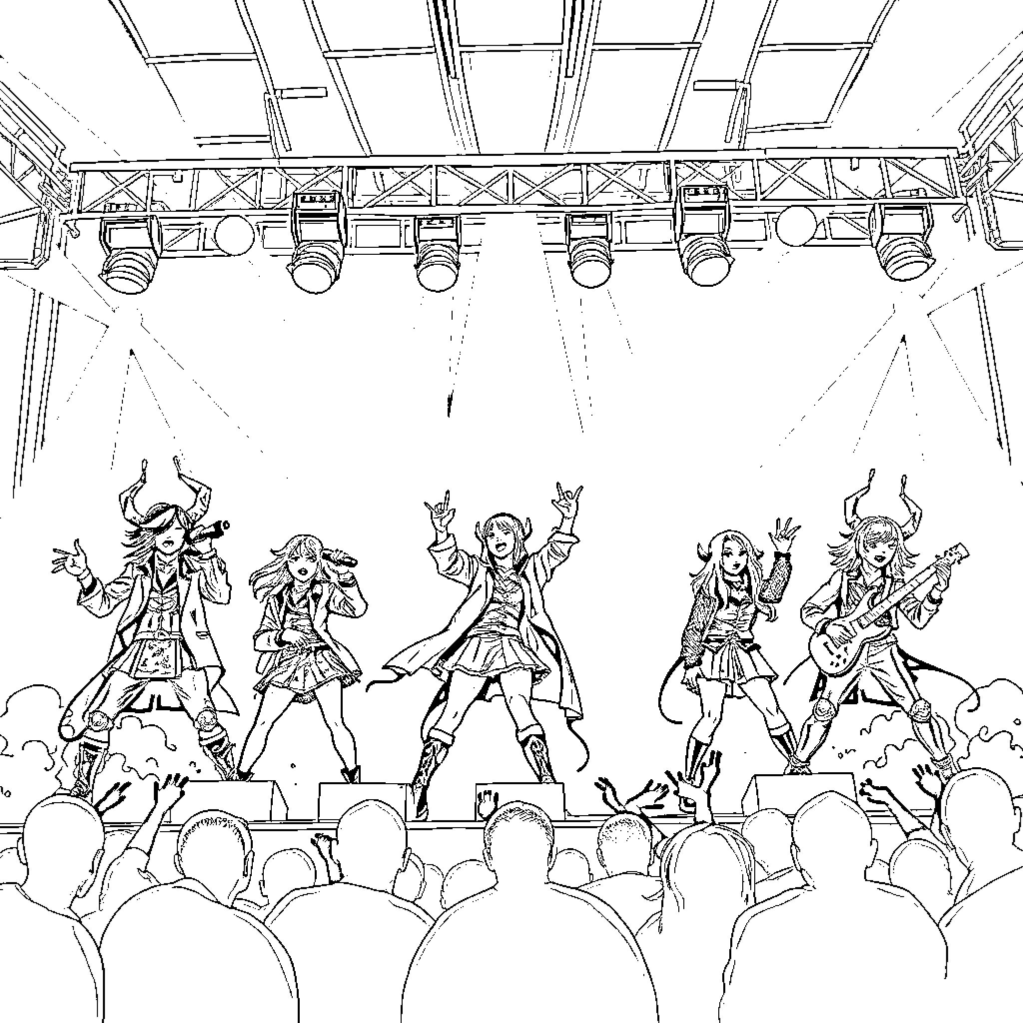 Kpop Demon Hunters Rocking the Stage Coloring Page (free black-and-white line drawing printable PDF for all, from beginners to advanced learners, including children, teens, adults, and seniors)