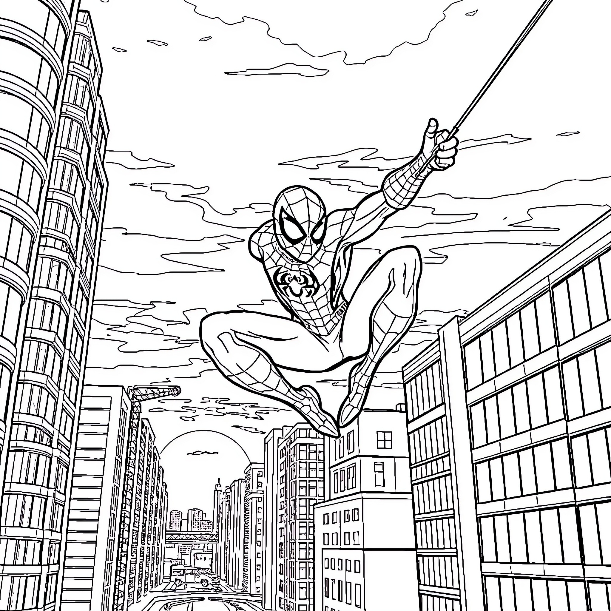 Spiderman swinging through the city skyline Coloring Page (free black-and-white line drawing printable PDF for all, from beginners to advanced learners, including children, teens, adults, and seniors)