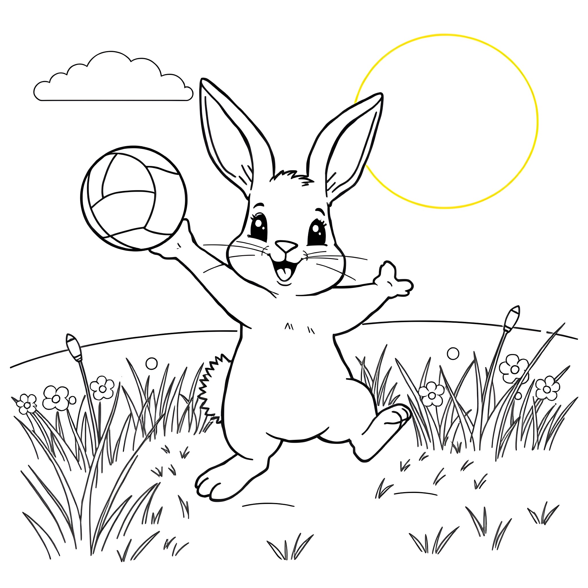 Bunny playing with ball in grassy field Coloring Page (free black-and-white line drawing printable PDF for all, from beginners to advanced learners, including children, teens, adults, and seniors)