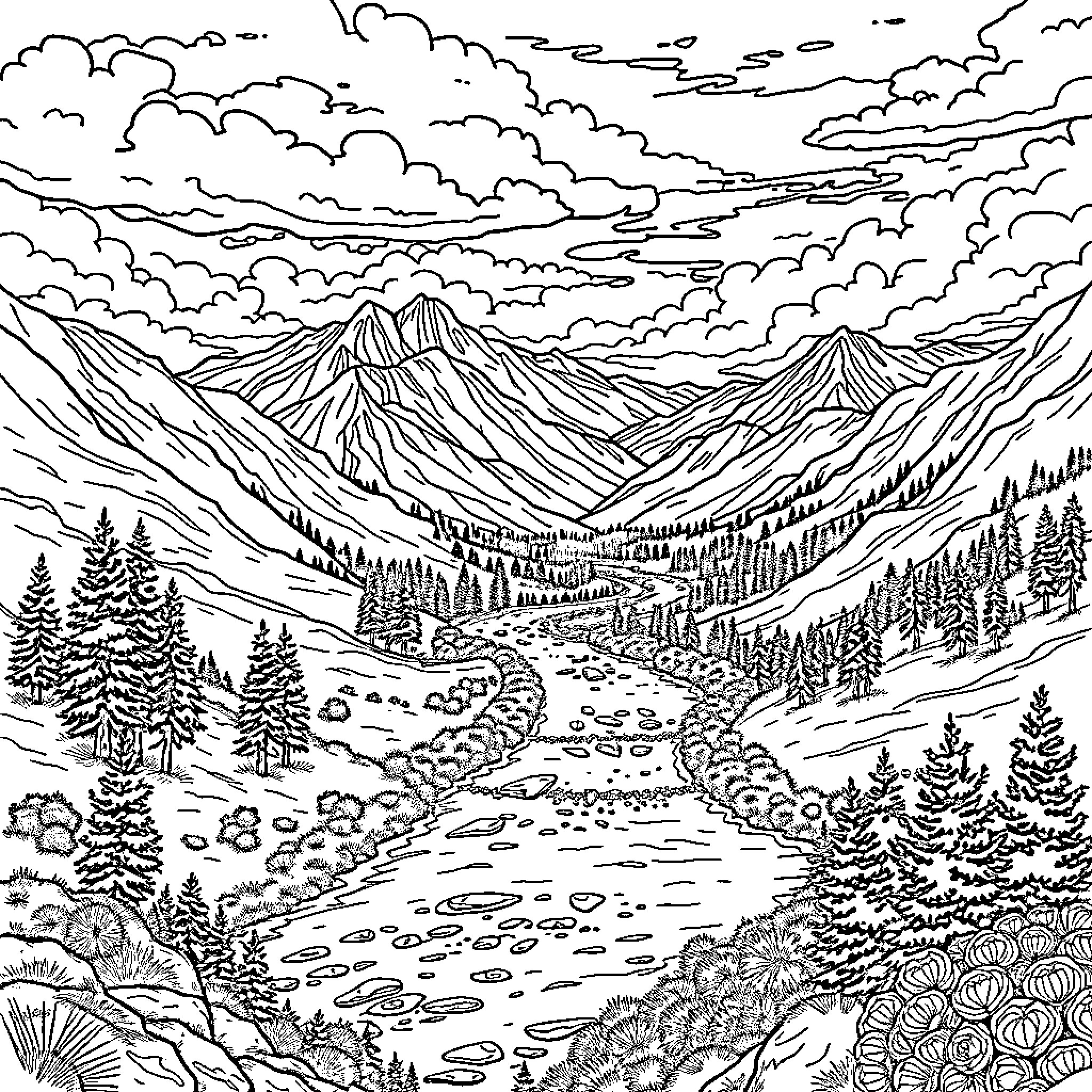 Landscape of majestic mountains and serene forest Coloring Page (free black-and-white line drawing printable PDF for all, from beginners to advanced learners, including children, teens, adults, and seniors)