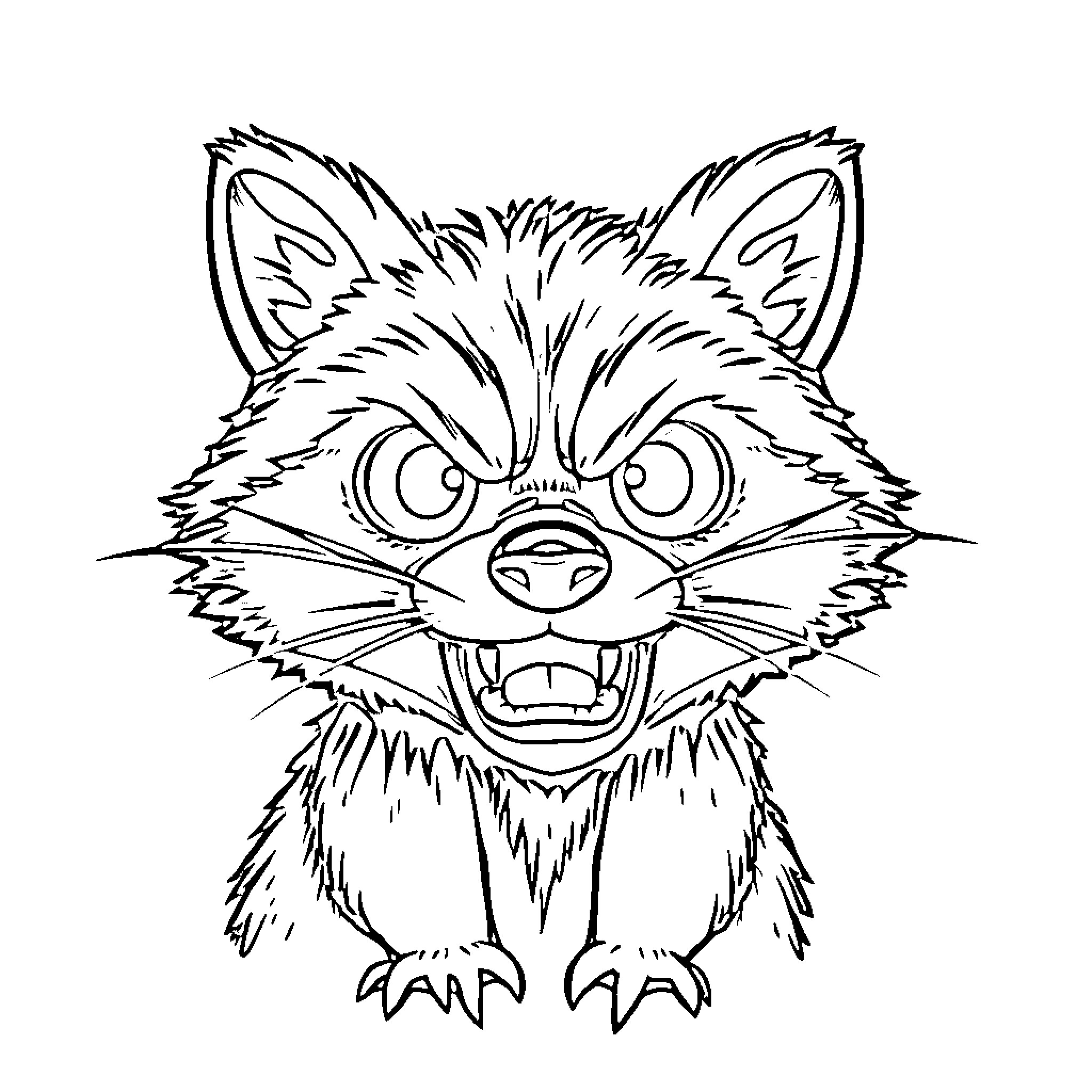 Raccoon with fierce expression Coloring Page (free black-and-white line drawing printable PDF for all, from beginners to advanced learners, including children, teens, adults, and seniors)