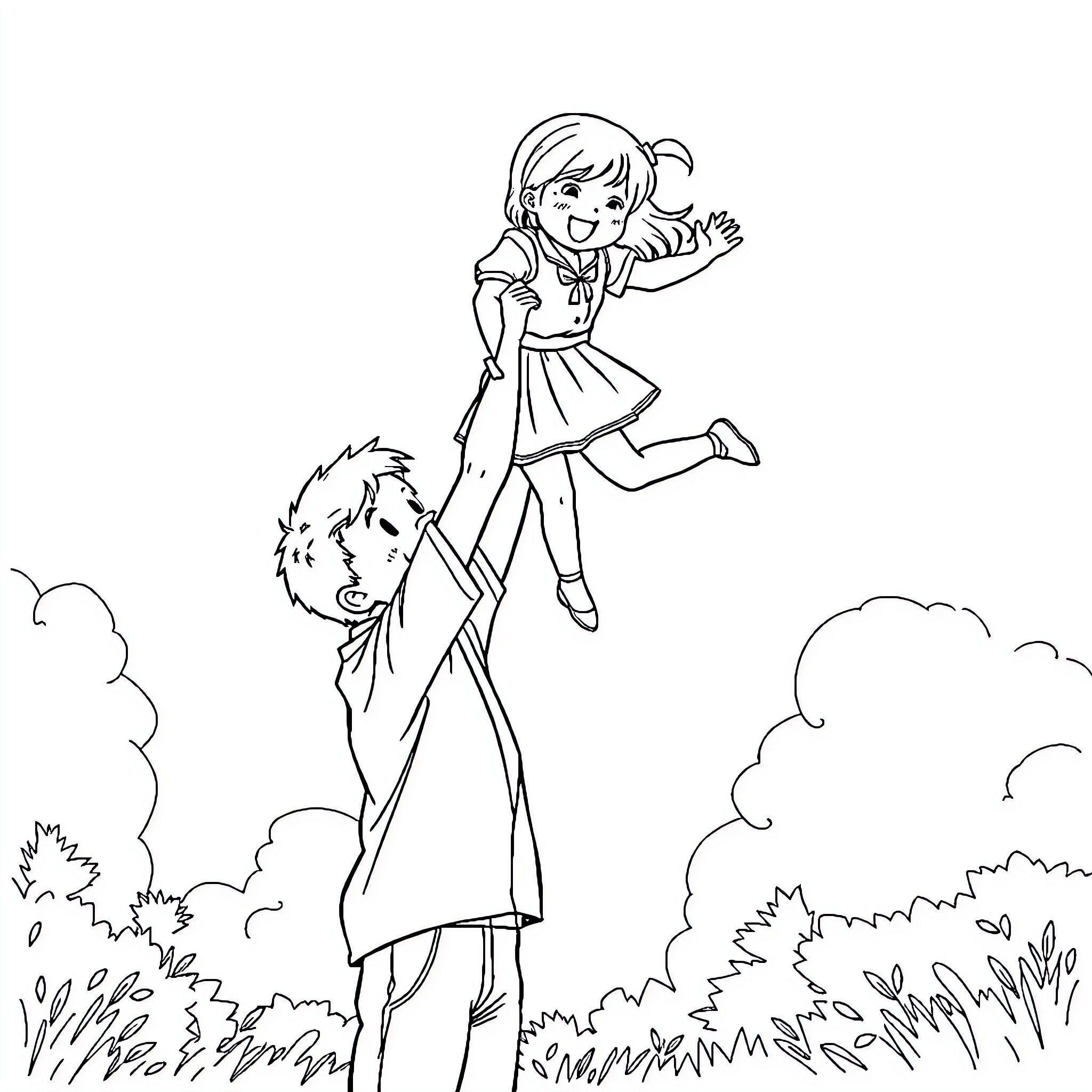 Boy carrying excited girl in nature Coloring Page (free black-and-white line drawing printable PDF for all, from beginners to advanced learners, including children, teens, adults, and seniors)