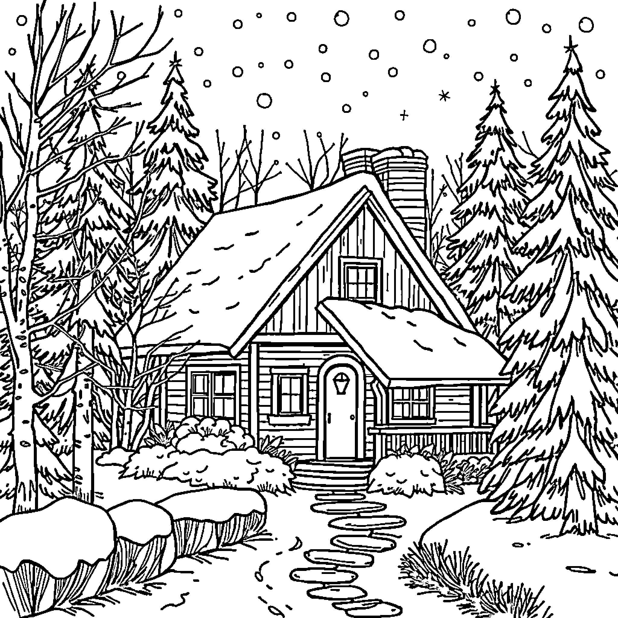 Cottage in the Snowy Forest Coloring Page (free black-and-white line drawing printable PDF for all, from beginners to advanced learners, including children, teens, adults, and seniors)