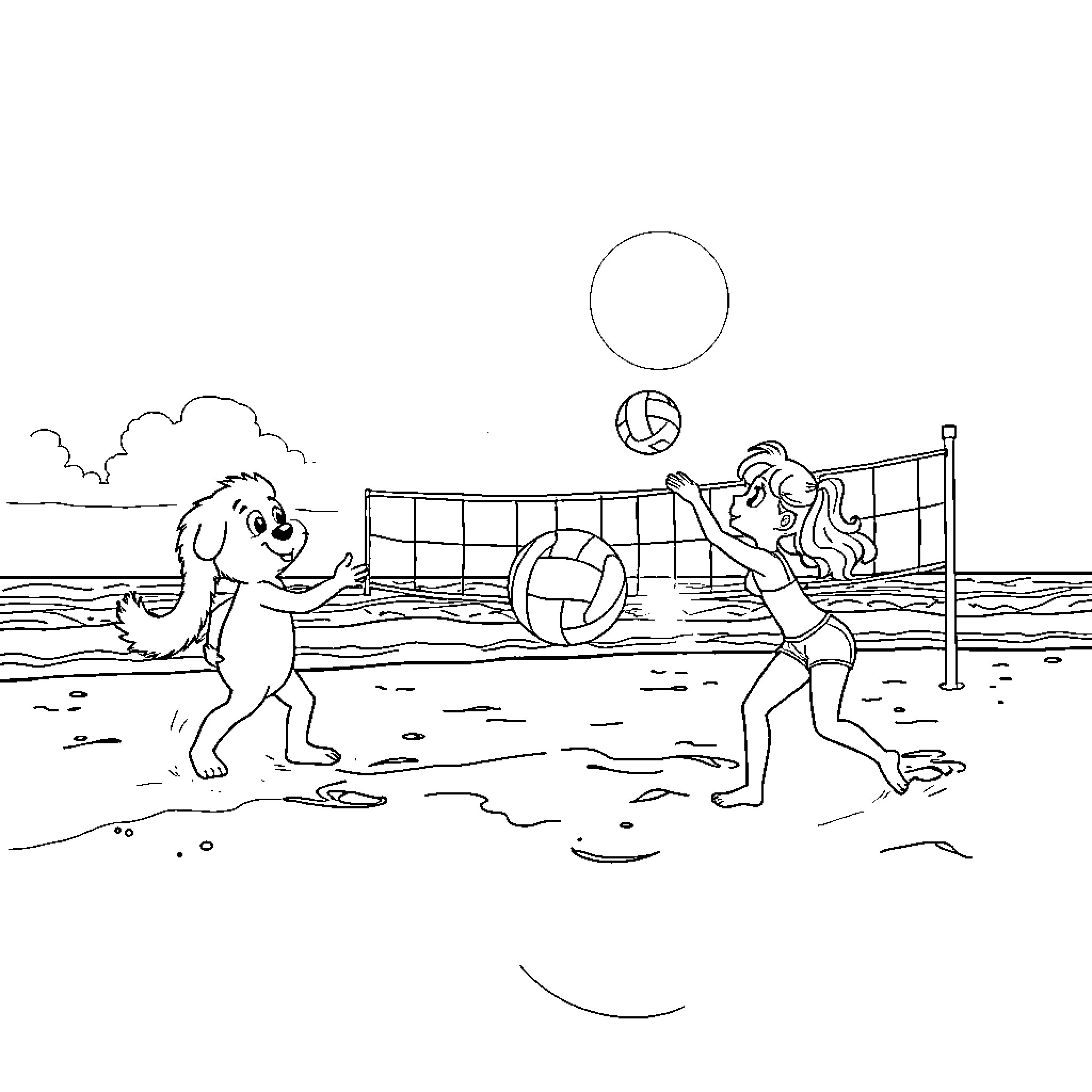 Rumi playing beach volleyball with friends Coloring Page (free black-and-white line drawing printable PDF for all, from beginners to advanced learners, including children, teens, adults, and seniors)