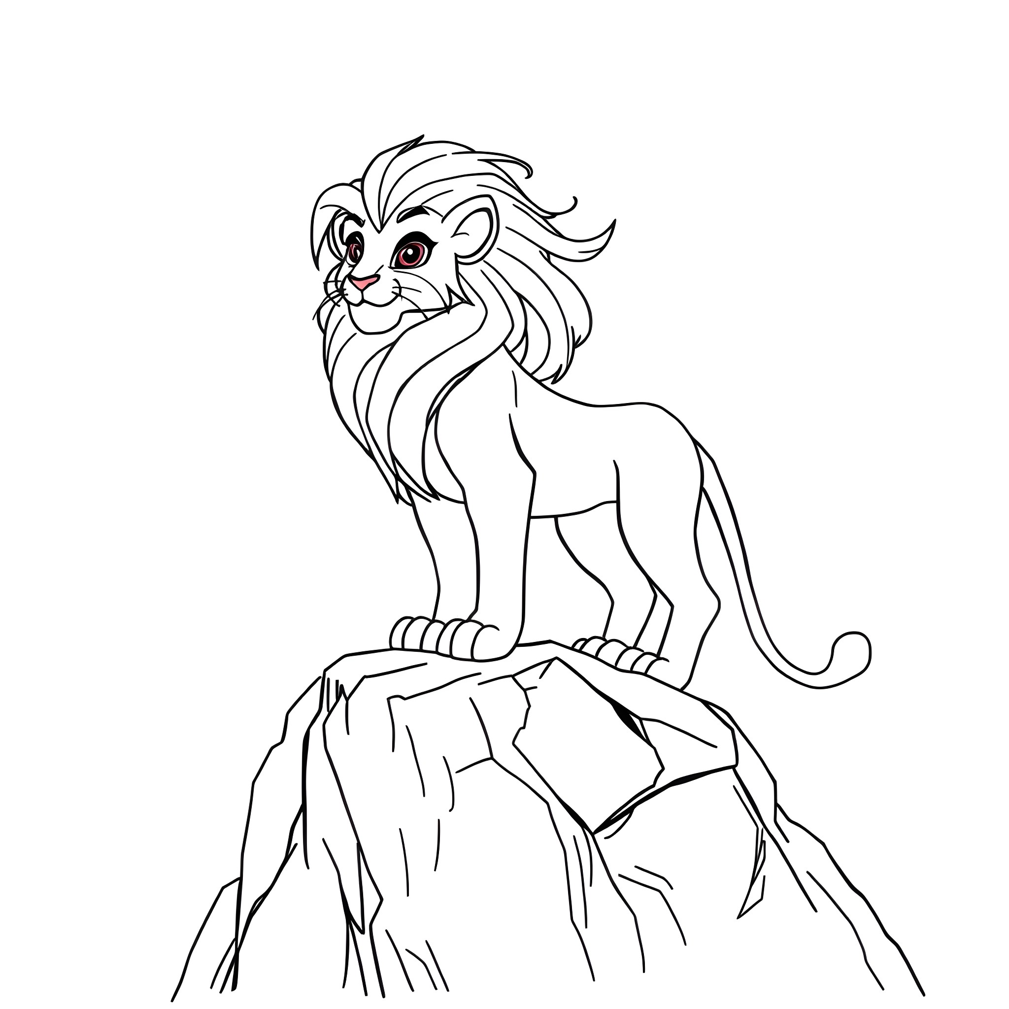 Nirmala the Mighty Lion on the Cliff Coloring Page (free black-and-white line drawing printable PDF for all, from beginners to advanced learners, including children, teens, adults, and seniors)