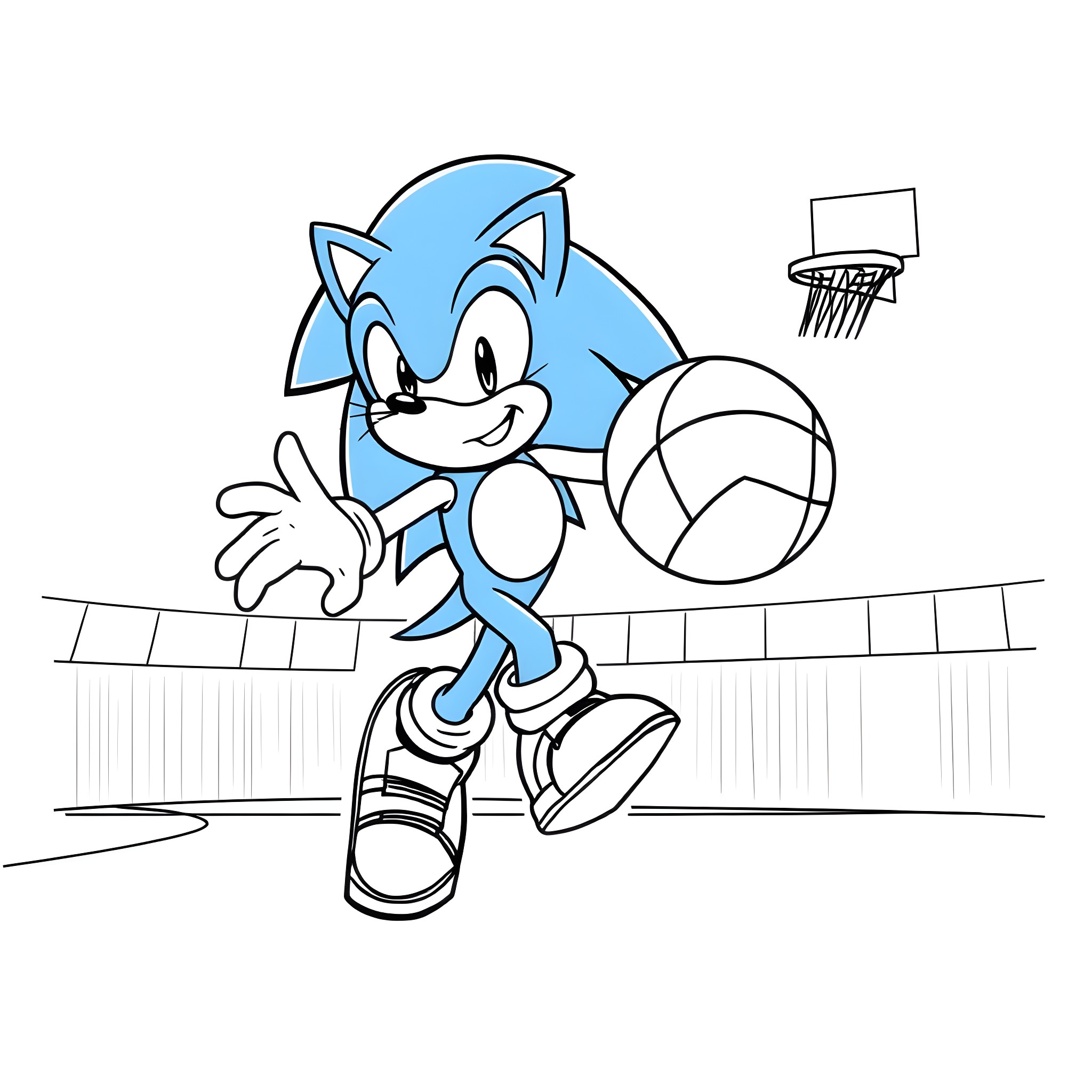 Sonic playing basketball on the court Coloring Page (free black-and-white line drawing printable PDF for all, from beginners to advanced learners, including children, teens, adults, and seniors)
