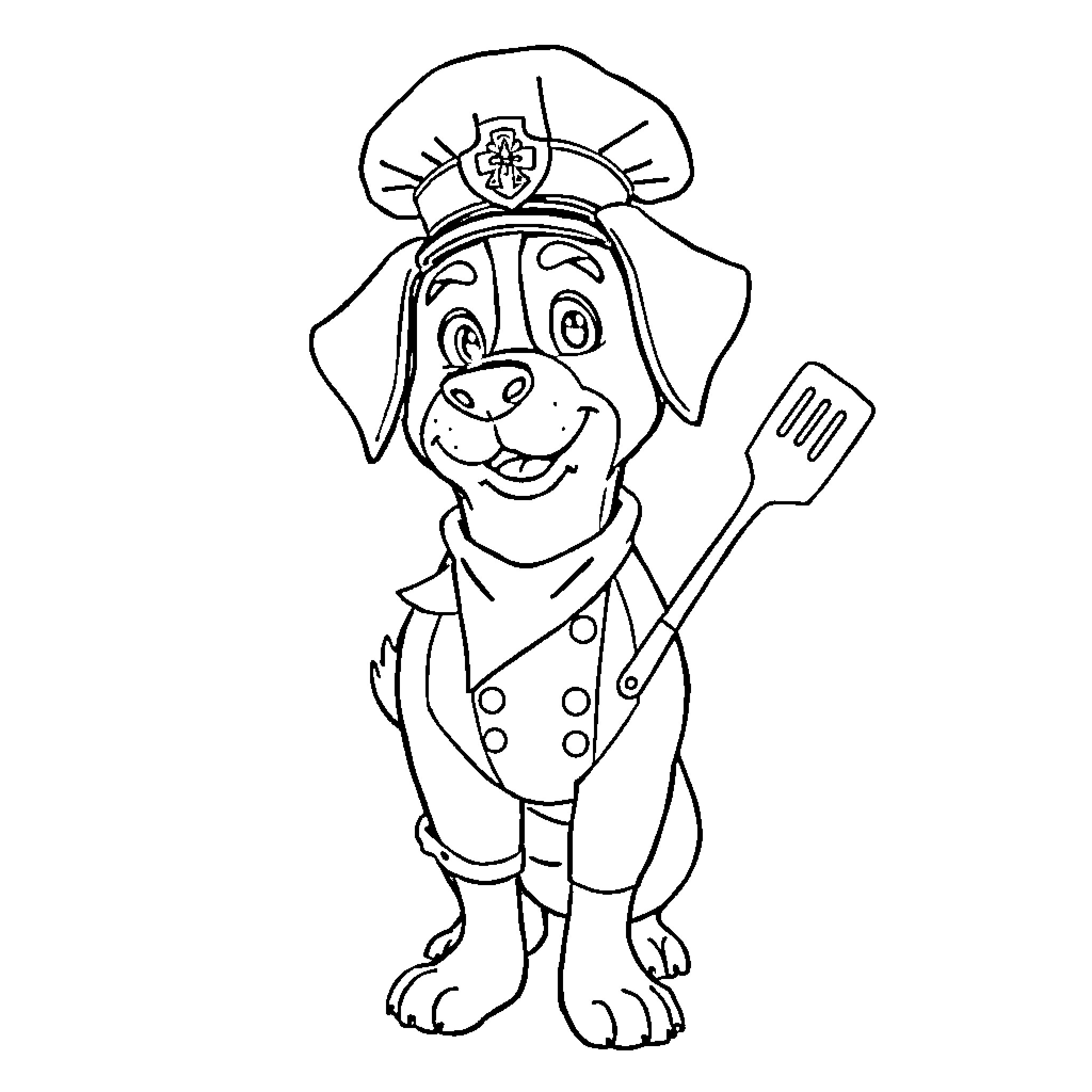 Marshall the Helpful Dog Chef in Uniform Coloring Page (free black-and-white line drawing printable PDF for all, from beginners to advanced learners, including children, teens, adults, and seniors)