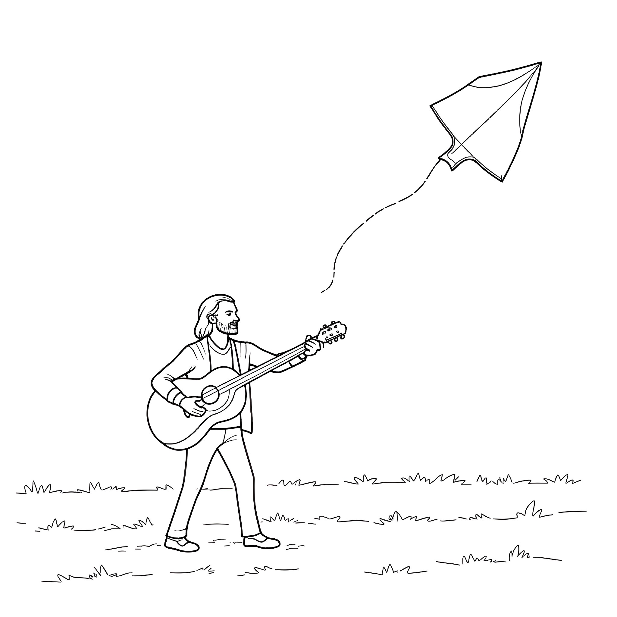Steve Earle playing guitar with a kite in the field Coloring Page (free black-and-white line drawing printable PDF for all, from beginners to advanced learners, including children, teens, adults, and seniors)