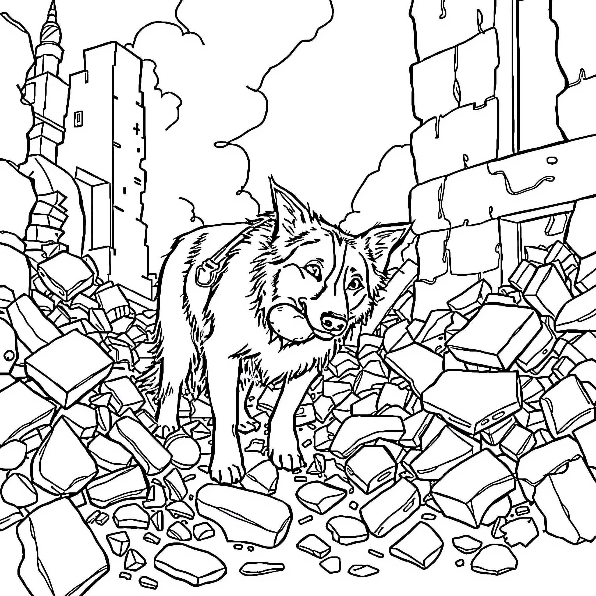 Border Collie exploring a post-apocalyptic city landscape Coloring Page (free black-and-white line drawing printable PDF for all, from beginners to advanced learners, including children, teens, adults, and seniors)